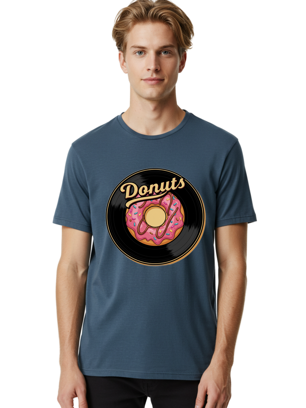 Donuts-3 Men'S Graphic Tee, 100% Cotton, Comfortable Casual Summer Wear, Machine Washable, Donut On Vinyl Record, Pink Donut With Sprinkles, Chocolate Drizzle, Sweet Treat, Retro Design, Donut Love, Vinyl Record Art, Donut Illustration Baa521