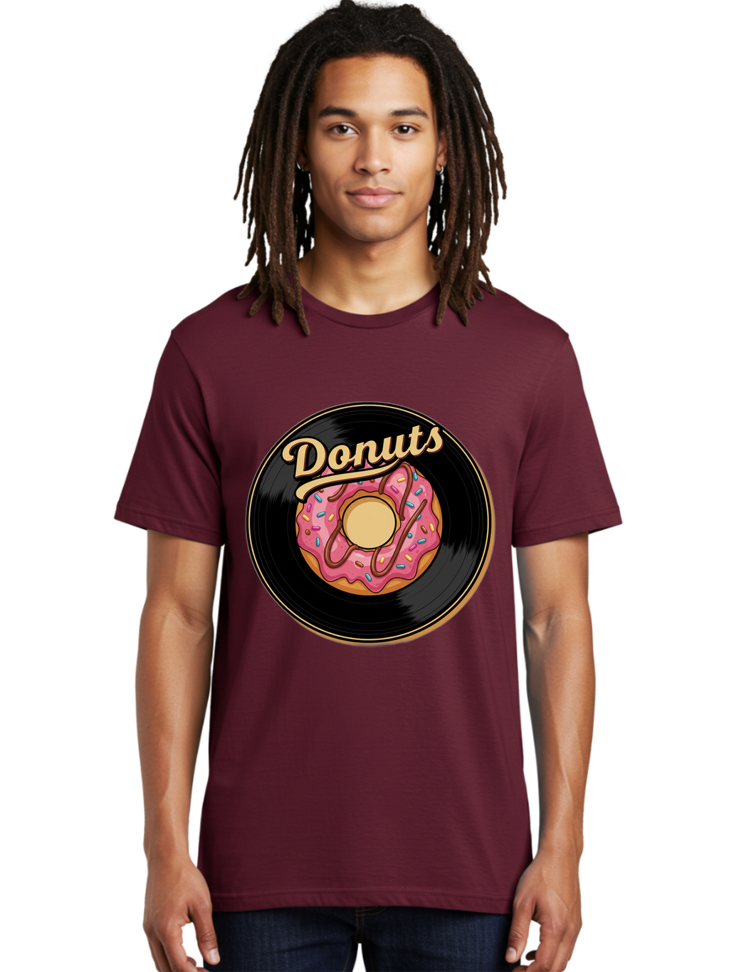 Donuts-3 Men'S Graphic Tee, 100% Cotton, Comfortable Casual Summer Wear, Machine Washable, Donut On Vinyl Record, Pink Donut With Sprinkles, Chocolate Drizzle, Sweet Treat, Retro Design, Donut Love, Vinyl Record Art, Donut Illustration Baa521