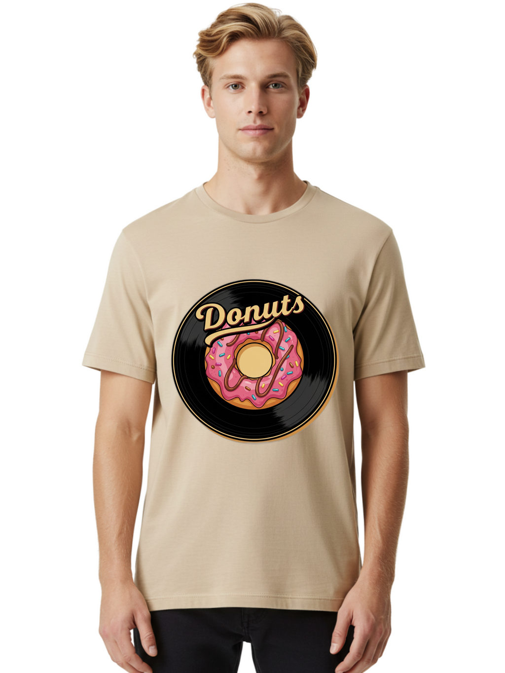 Donuts-3 Men'S Graphic Tee, 100% Cotton, Comfortable Casual Summer Wear, Machine Washable, Donut On Vinyl Record, Pink Donut With Sprinkles, Chocolate Drizzle, Sweet Treat, Retro Design, Donut Love, Vinyl Record Art, Donut Illustration Baa521