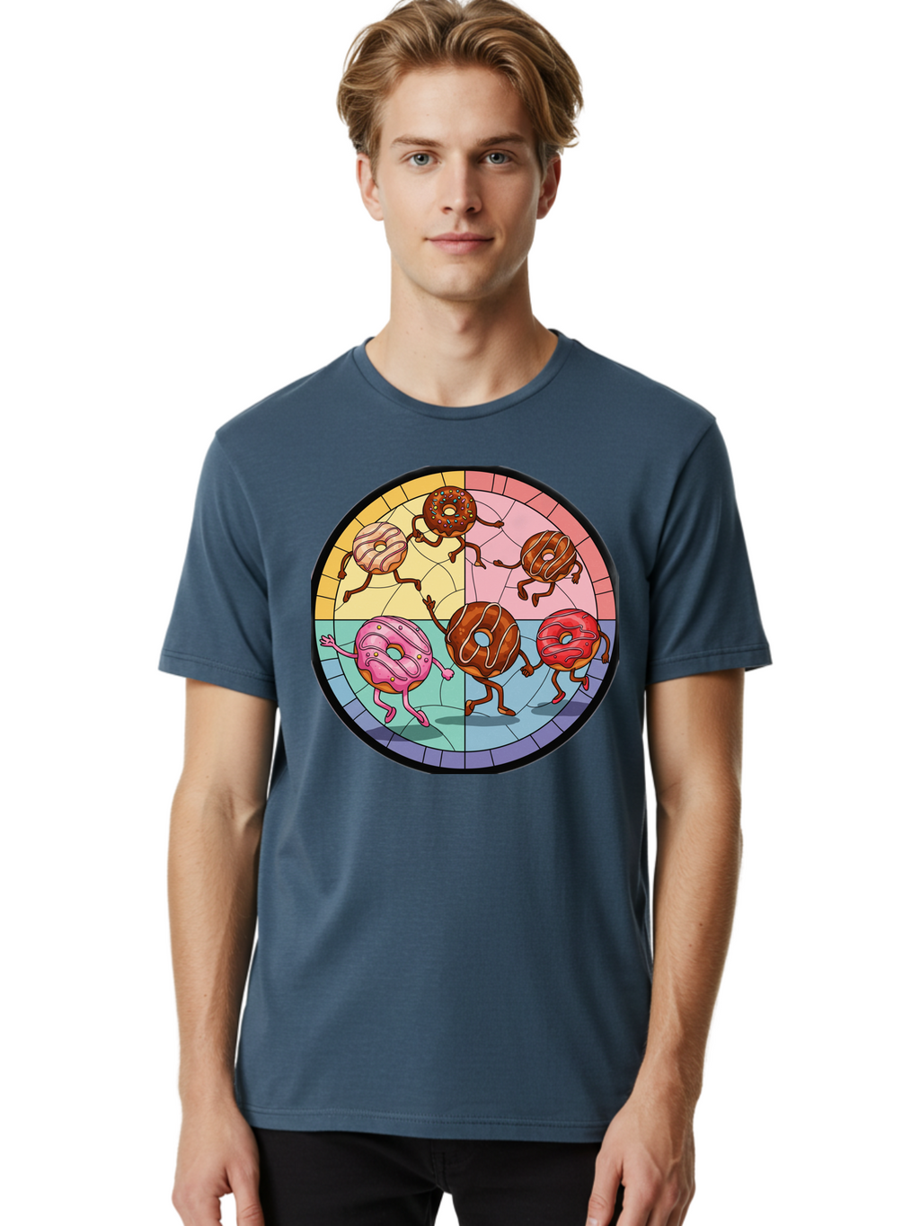 Donuts-Dancing-1 Men'S Graphic Tee, 100% Cotton, Comfortable Casual Summer Wear, Machine Washable, Donuts Dancing, Cartoon Donuts, Sweet Treats, Colorful Illustration, Playful Art, Pastry Characters, Whimsical Design, Tasty Delights, Baa522