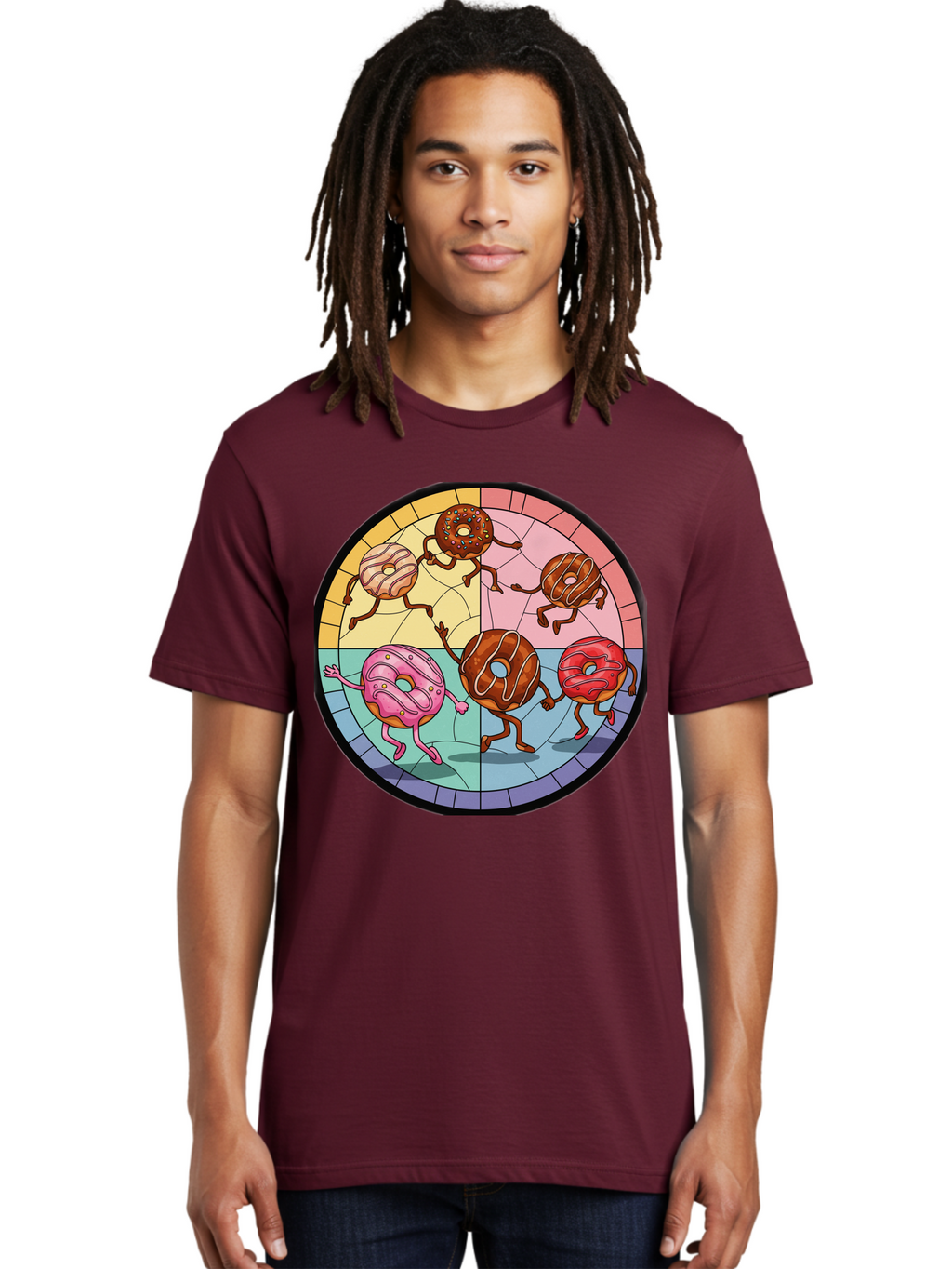 Donuts-Dancing-1 Men'S Graphic Tee, 100% Cotton, Comfortable Casual Summer Wear, Machine Washable, Donuts Dancing, Cartoon Donuts, Sweet Treats, Colorful Illustration, Playful Art, Pastry Characters, Whimsical Design, Tasty Delights, Baa522