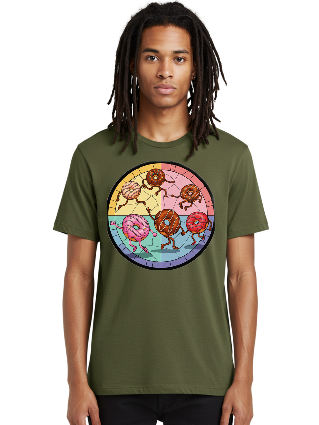 Donuts-Dancing-1 Men'S Graphic Tee, 100% Cotton, Comfortable Casual Summer Wear, Machine Washable, Donuts Dancing, Cartoon Donuts, Sweet Treats, Colorful Illustration, Playful Art, Pastry Characters, Whimsical Design, Tasty Delights, Baa522