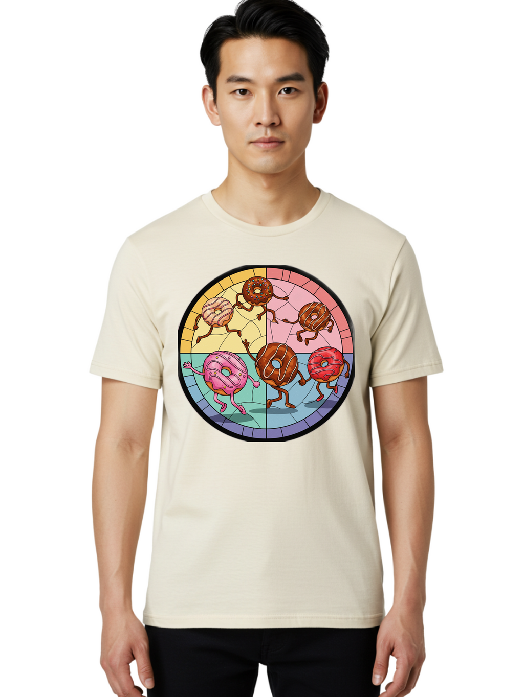 Donuts-Dancing-1 Men'S Graphic Tee, 100% Cotton, Comfortable Casual Summer Wear, Machine Washable, Donuts Dancing, Cartoon Donuts, Sweet Treats, Colorful Illustration, Playful Art, Pastry Characters, Whimsical Design, Tasty Delights, Baa522