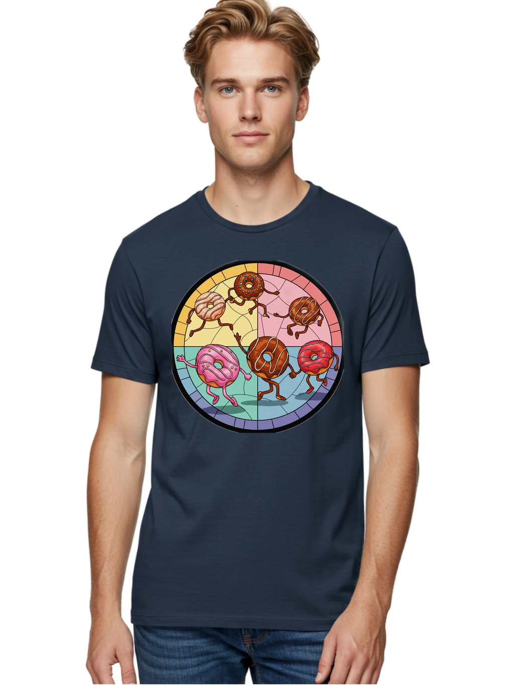 Donuts-Dancing-1 Men'S Graphic Tee, 100% Cotton, Comfortable Casual Summer Wear, Machine Washable, Donuts Dancing, Cartoon Donuts, Sweet Treats, Colorful Illustration, Playful Art, Pastry Characters, Whimsical Design, Tasty Delights, Baa522