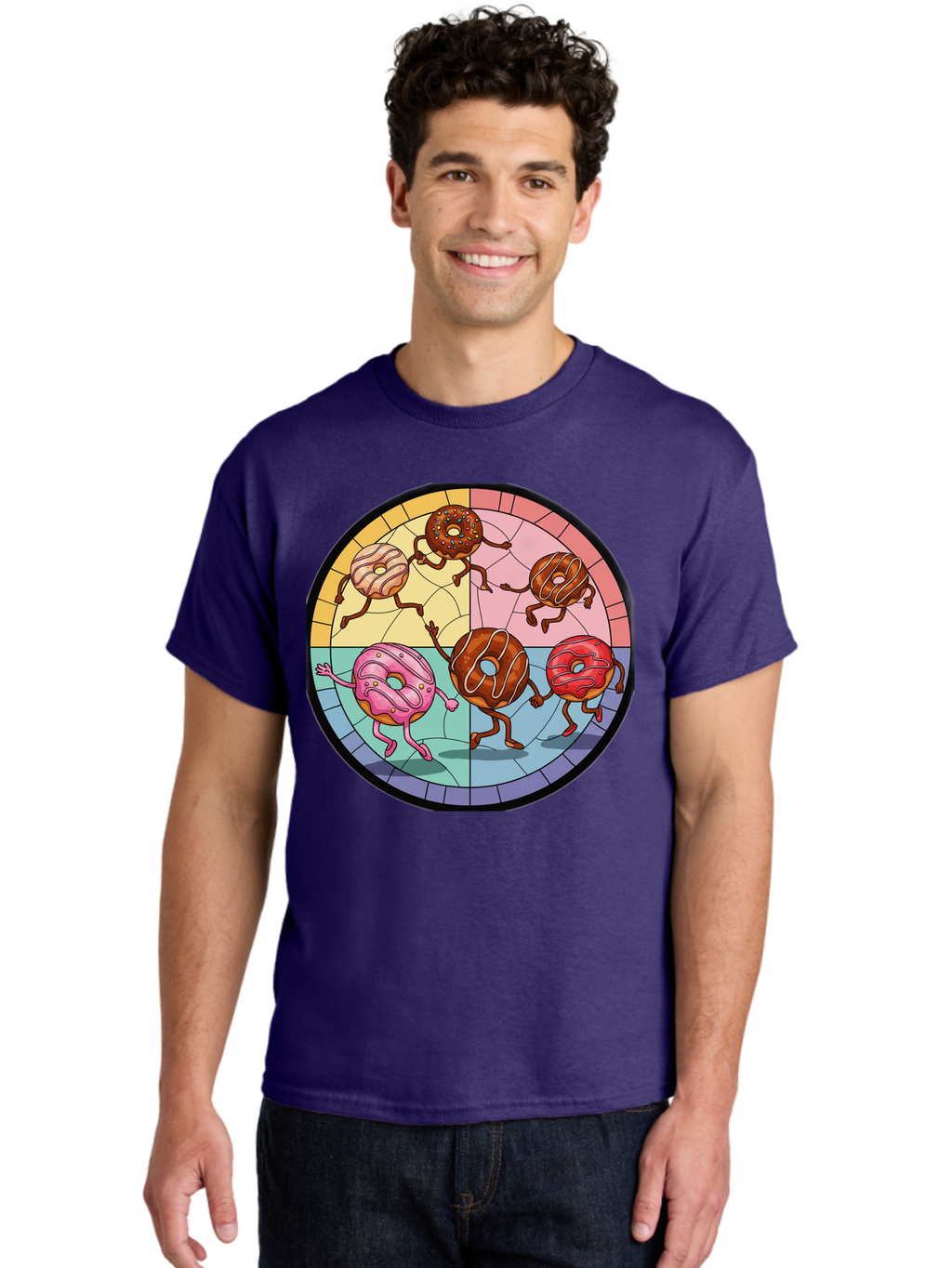Donuts-Dancing-1 Men'S Graphic Tee, 100% Cotton, Comfortable Casual Summer Wear, Machine Washable, Donuts Dancing, Cartoon Donuts, Sweet Treats, Colorful Illustration, Playful Art, Pastry Characters, Whimsical Design, Tasty Delights, Baa522