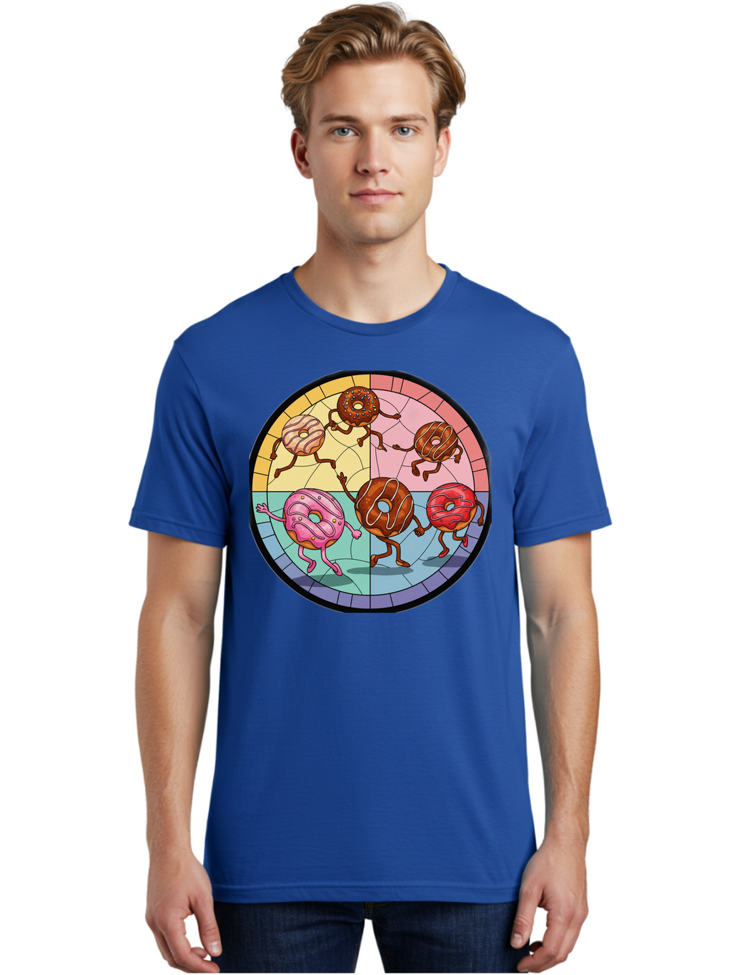 Donuts-Dancing-1 Men'S Graphic Tee, 100% Cotton, Comfortable Casual Summer Wear, Machine Washable, Donuts Dancing, Cartoon Donuts, Sweet Treats, Colorful Illustration, Playful Art, Pastry Characters, Whimsical Design, Tasty Delights, Baa522