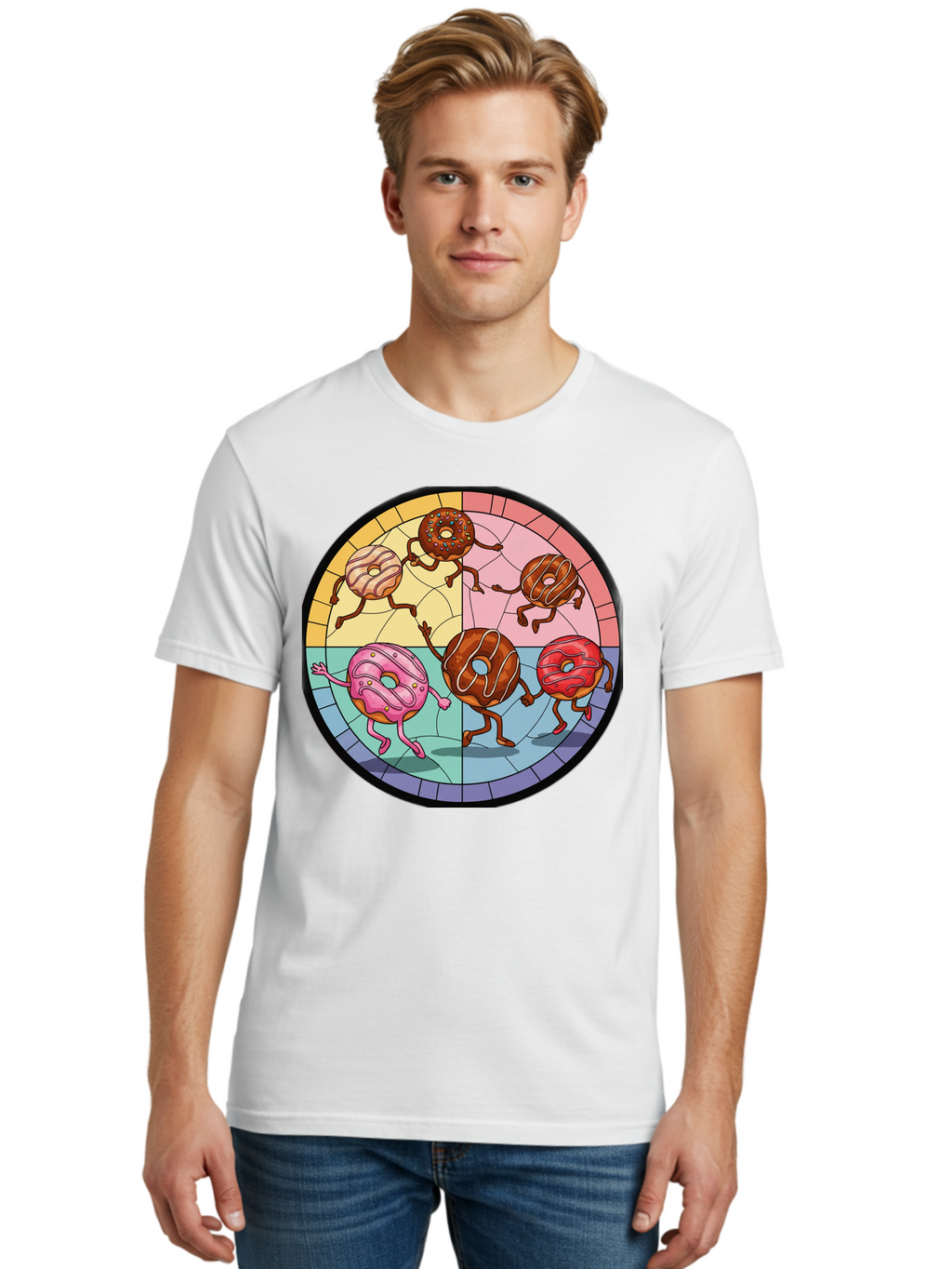 Donuts-Dancing-1 Men'S Graphic Tee, 100% Cotton, Comfortable Casual Summer Wear, Machine Washable, Donuts Dancing, Cartoon Donuts, Sweet Treats, Colorful Illustration, Playful Art, Pastry Characters, Whimsical Design, Tasty Delights, Baa522