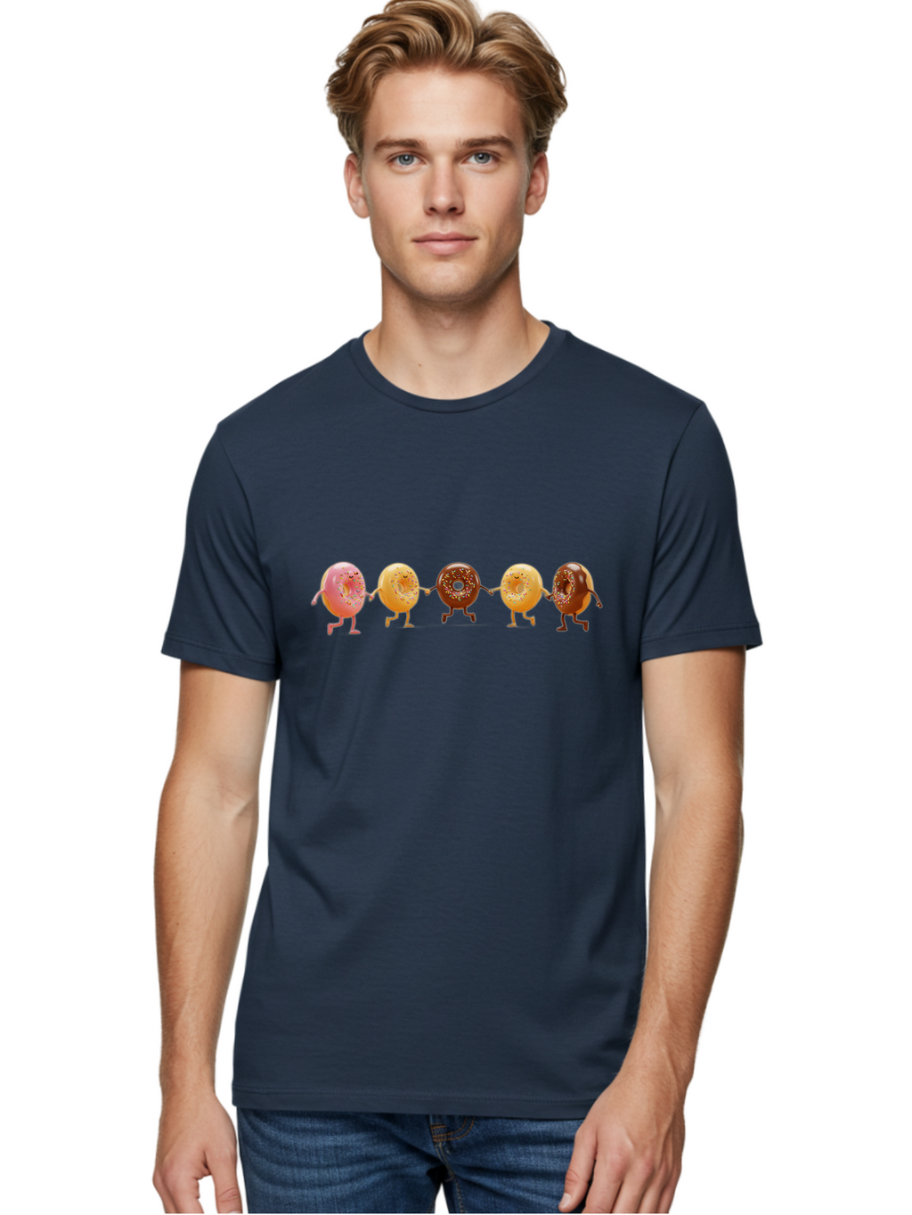 Donuts-Dancing-2 Men'S Graphic Tee, 100% Cotton, Comfortable Casual Summer Wear, Machine Washable, Donuts Dancing, Happy Donuts, Glazed Donut, Chocolate Donut, Sprinkles, Sugar Coating, Playful Treats, Sweet Indulgence, Cartoon Donuts, Baa523