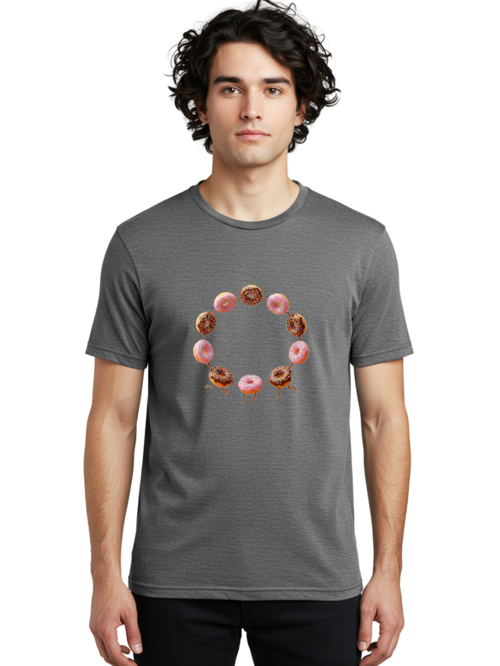 Donuts-In-Circle-1 Men'S Graphic Tee, 100% Cotton, Comfortable Casual Summer Wear, Machine Washable, Donuts In A Circle, Creative Food Art, Sweet Treats, Pink And Brown Donuts, Playful Arrangement, Fun Design, Tasty Pastries, Baa525
