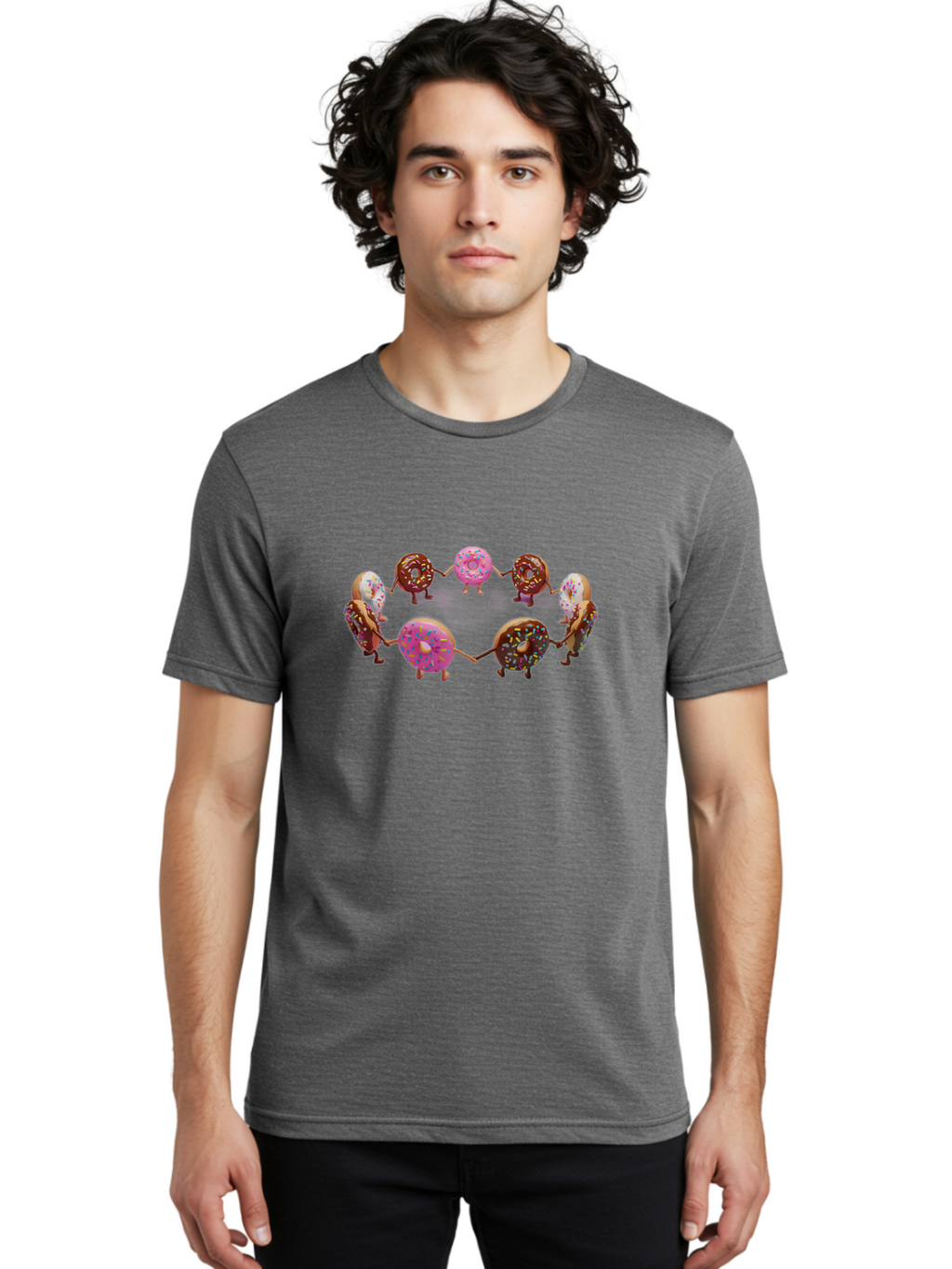 Donuts-In-Circle Men'S Graphic Tee, 100% Cotton, Comfortable Casual Summer Wear, Machine Washable, Donuts With Faces, Holding Hands, Colorful Sprinkles, Sweet Treats, Circle Formation, Whimsical Design, Playful Illustration, Cartoon Donuts, Baa526