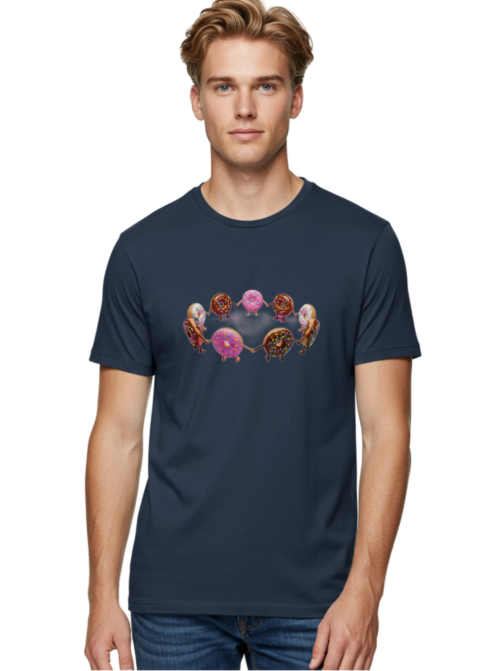 Donuts-In-Circle Men'S Graphic Tee, 100% Cotton, Comfortable Casual Summer Wear, Machine Washable, Donuts With Faces, Holding Hands, Colorful Sprinkles, Sweet Treats, Circle Formation, Whimsical Design, Playful Illustration, Cartoon Donuts, Baa526