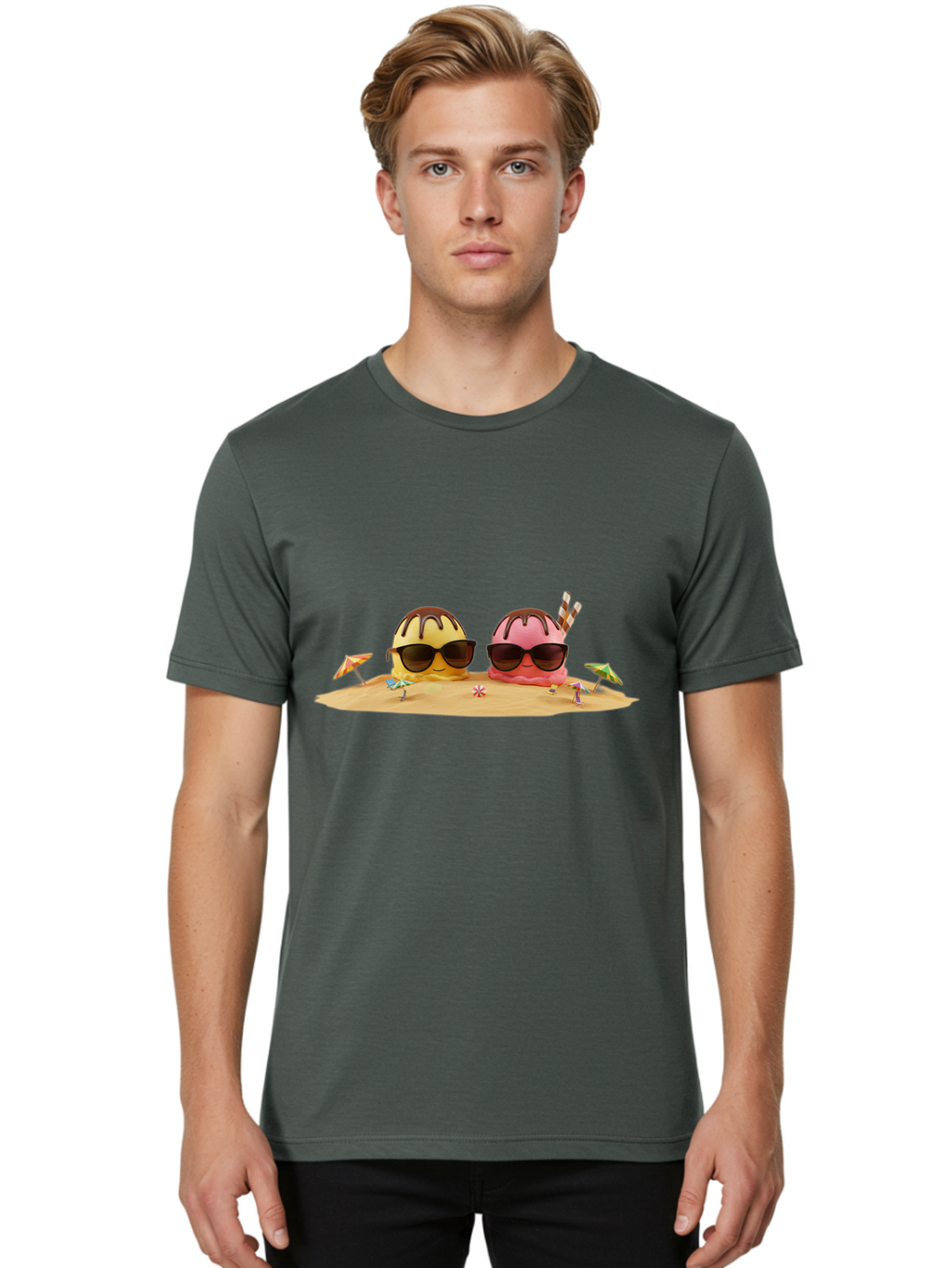 Donuts-On-Island Men'S Graphic Tee, 100% Cotton, Comfortable Casual Summer Wear, Machine Washable, Cupcakes On Island, Sunglasses, Beach Umbrellas, Summer Fun, Cartoon Style, Sweet Treats, Tropical Getaway, Vacation Vibes, Dessert Lovers, Baa527