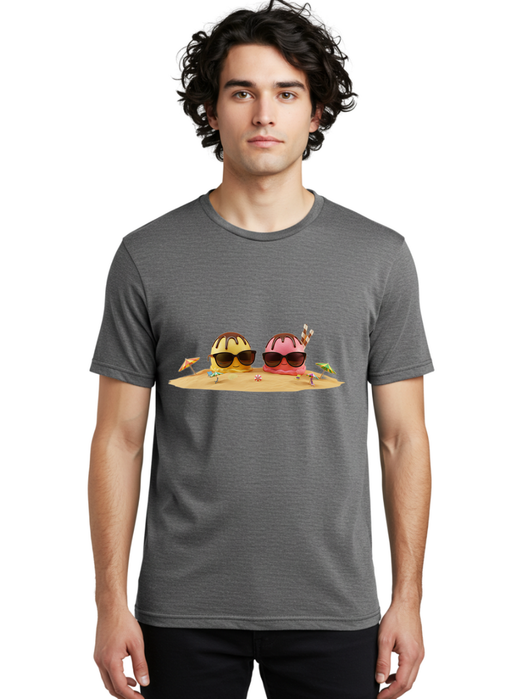 Donuts-On-Island Men'S Graphic Tee, 100% Cotton, Comfortable Casual Summer Wear, Machine Washable, Cupcakes On Island, Sunglasses, Beach Umbrellas, Summer Fun, Cartoon Style, Sweet Treats, Tropical Getaway, Vacation Vibes, Dessert Lovers, Baa527