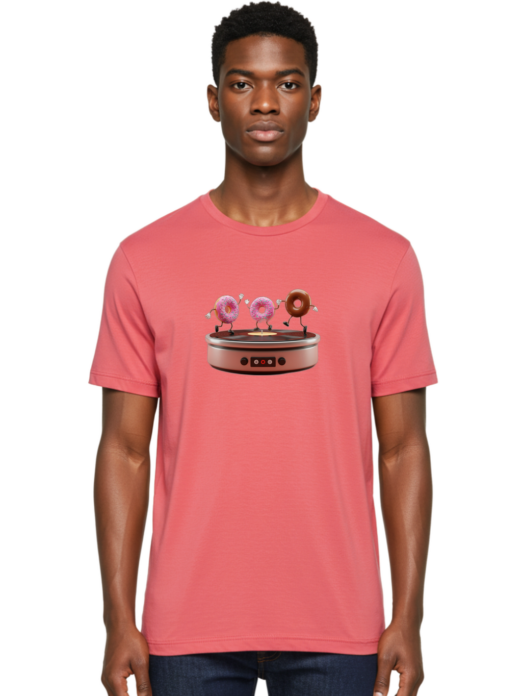 Donuts-On-Record-Player Men'S Graphic Tee, 100% Cotton, Comfortable Casual Summer Wear, Machine Washable, Donuts Dancing, Vinyl Record Player, Retro Music Setup, Sweet Treats, Funky Vibe, Playful Scene, Dessert Party, Cartoon Donuts, Baa528
