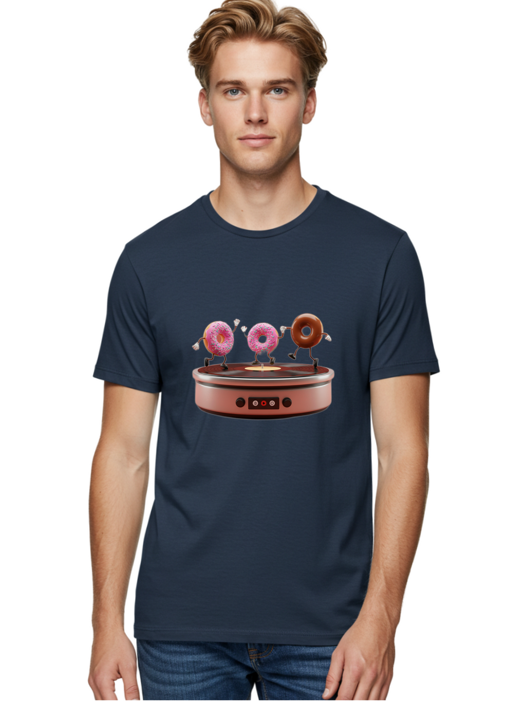 Donuts-On-Record-Player Men'S Graphic Tee, 100% Cotton, Comfortable Casual Summer Wear, Machine Washable, Donuts Dancing, Vinyl Record Player, Retro Music Setup, Sweet Treats, Funky Vibe, Playful Scene, Dessert Party, Cartoon Donuts, Baa528