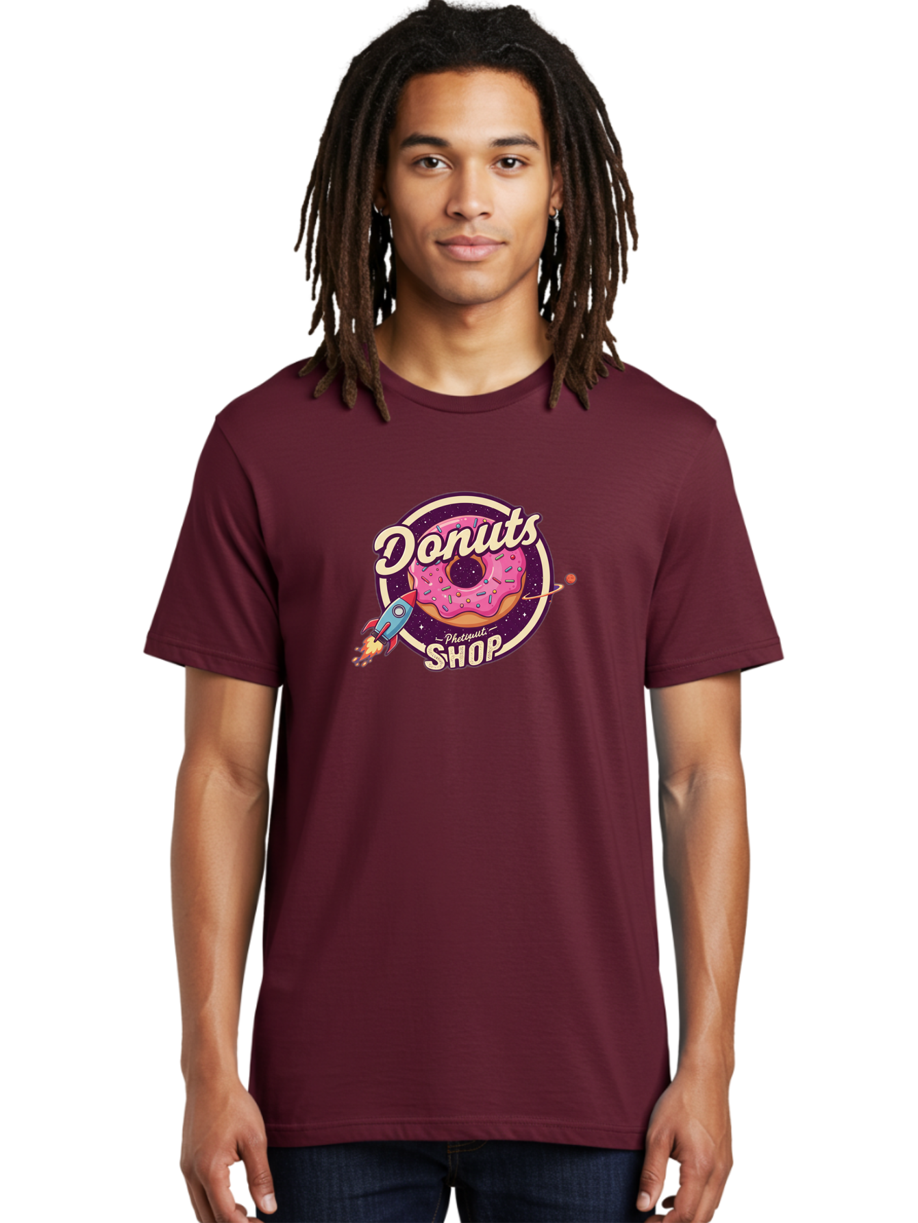 Donuts-Shop-1 Men'S Graphic Tee, 100% Cotton, Comfortable Casual Summer Wear, Machine Washable, Pink Donut With Sprinkles, Donut Shop Logo, Space-Themed Donut, Rocket Ship Launching, Donut In Space, Colorful Dessert, Sweet Treats, Baa529