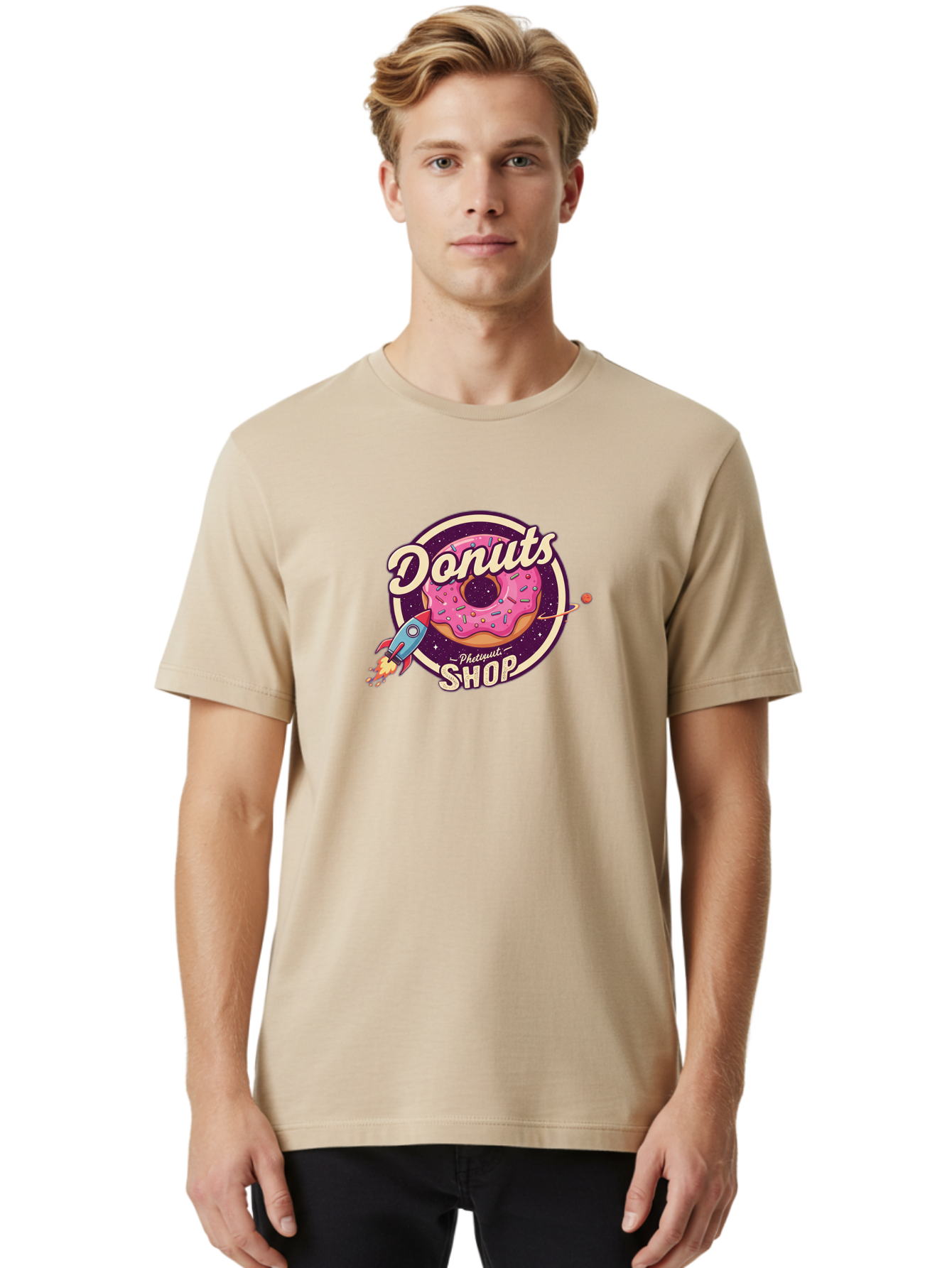 Donuts-Shop-1 Men'S Graphic Tee, 100% Cotton, Comfortable Casual Summer Wear, Machine Washable, Pink Donut With Sprinkles, Donut Shop Logo, Space-Themed Donut, Rocket Ship Launching, Donut In Space, Colorful Dessert, Sweet Treats, Baa529