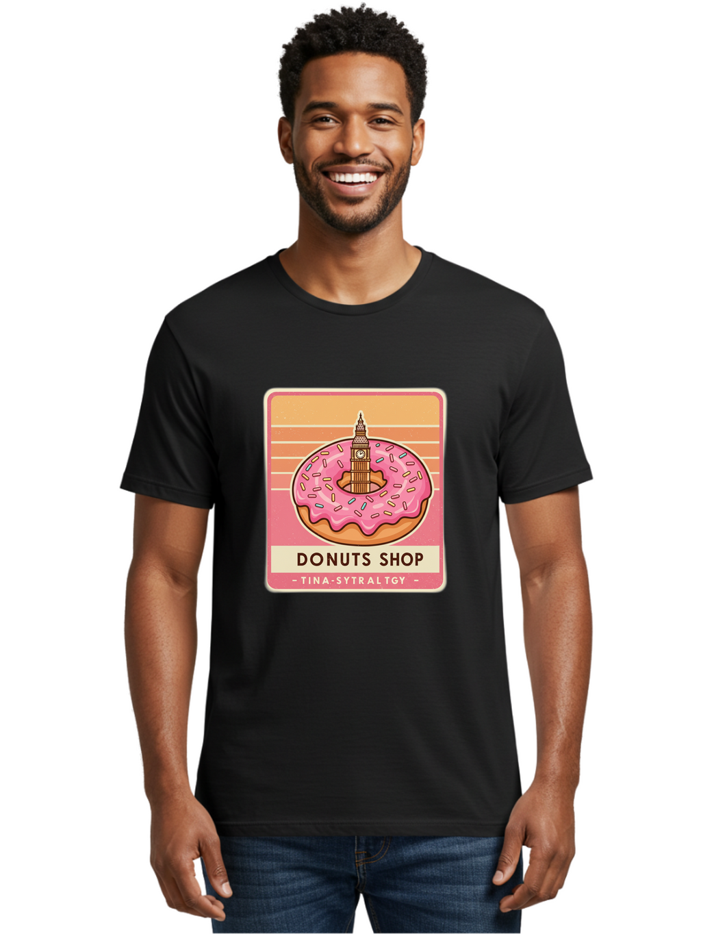Donuts-Shop Men'S Graphic Tee, 100% Cotton, Comfortable Casual Summer Wear, Machine Washable, Pink Frosted Donut, Colorful Sprinkles, Big Ben On Donut, London Landmark, Sweet Treats, Donut Shop Sign, Tina-Sytraltgy Branding, Tasty Dessert, Baa530