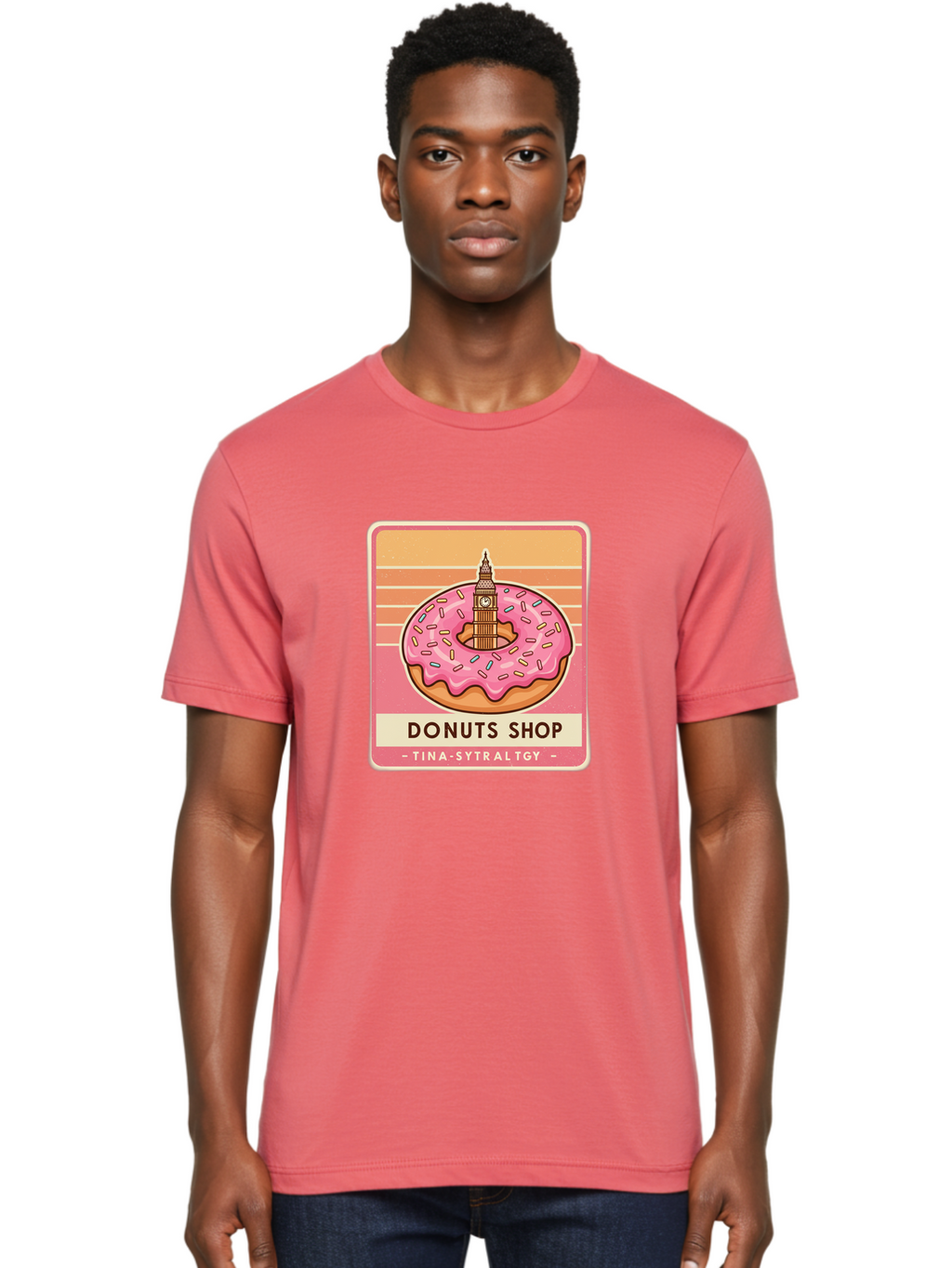 Donuts-Shop Men'S Graphic Tee, 100% Cotton, Comfortable Casual Summer Wear, Machine Washable, Pink Frosted Donut, Colorful Sprinkles, Big Ben On Donut, London Landmark, Sweet Treats, Donut Shop Sign, Tina-Sytraltgy Branding, Tasty Dessert, Baa530