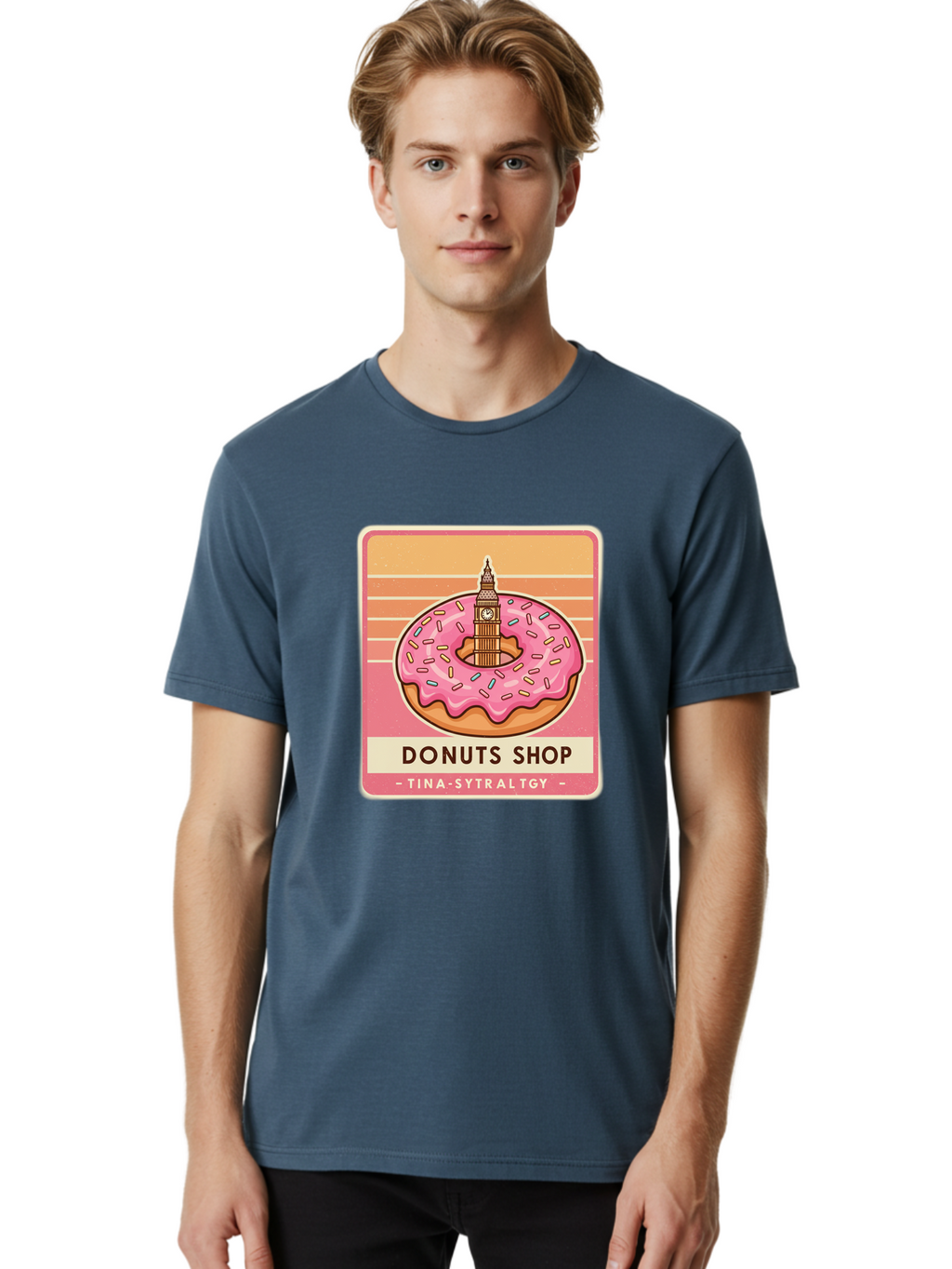 Donuts-Shop Men'S Graphic Tee, 100% Cotton, Comfortable Casual Summer Wear, Machine Washable, Pink Frosted Donut, Colorful Sprinkles, Big Ben On Donut, London Landmark, Sweet Treats, Donut Shop Sign, Tina-Sytraltgy Branding, Tasty Dessert, Baa530