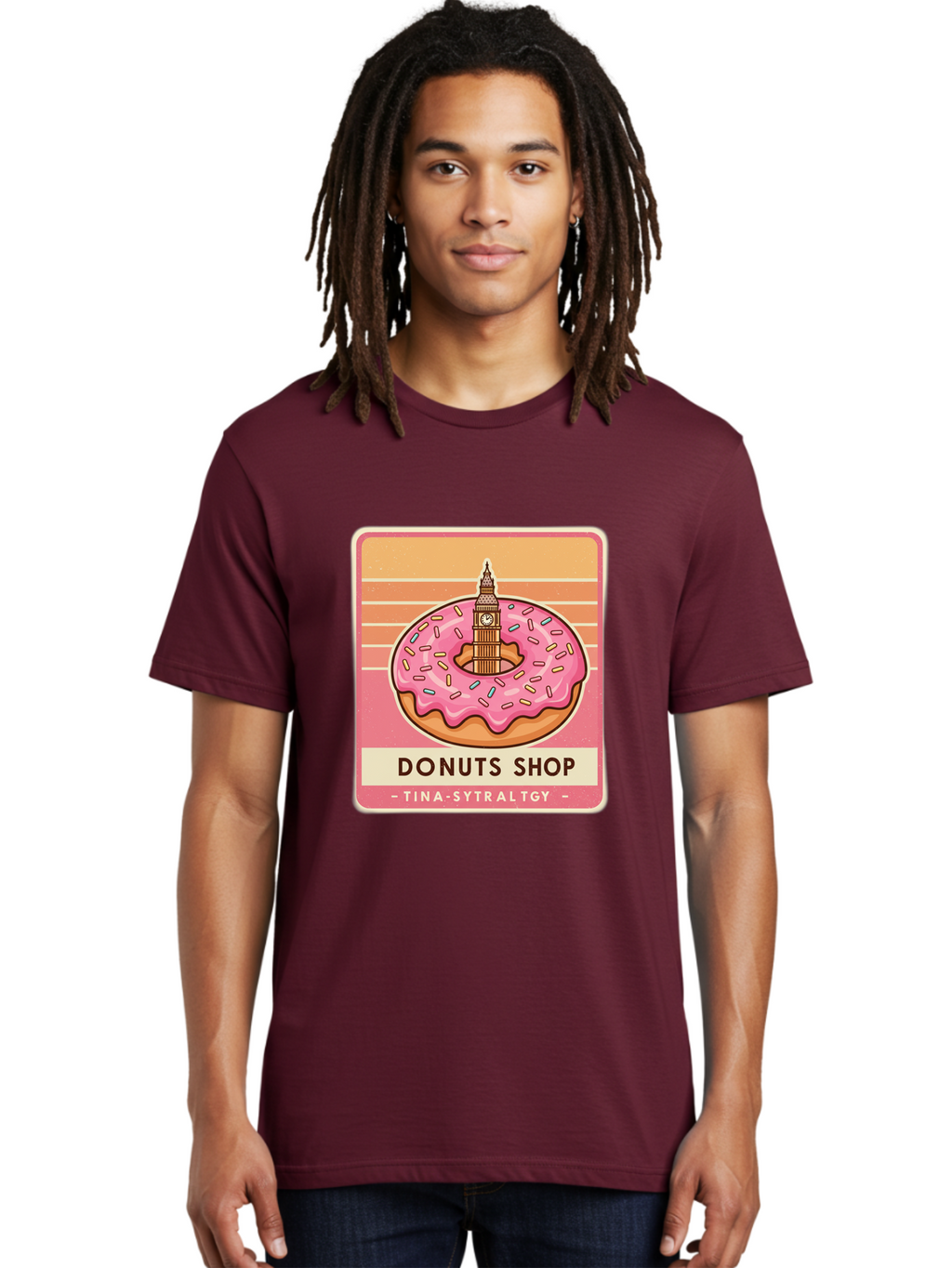 Donuts-Shop Men'S Graphic Tee, 100% Cotton, Comfortable Casual Summer Wear, Machine Washable, Pink Frosted Donut, Colorful Sprinkles, Big Ben On Donut, London Landmark, Sweet Treats, Donut Shop Sign, Tina-Sytraltgy Branding, Tasty Dessert, Baa530