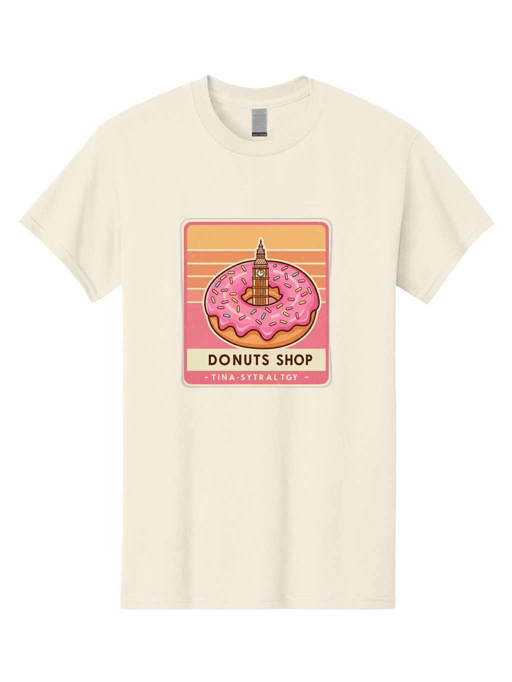 Donuts-Shop Men'S Graphic Tee, 100% Cotton, Comfortable Casual Summer Wear, Machine Washable, Pink Frosted Donut, Colorful Sprinkles, Big Ben On Donut, London Landmark, Sweet Treats, Donut Shop Sign, Tina-Sytraltgy Branding, Tasty Dessert, Baa530