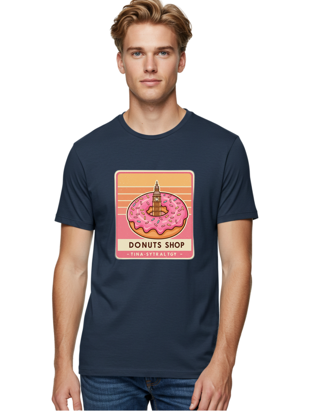 Donuts-Shop Men'S Graphic Tee, 100% Cotton, Comfortable Casual Summer Wear, Machine Washable, Pink Frosted Donut, Colorful Sprinkles, Big Ben On Donut, London Landmark, Sweet Treats, Donut Shop Sign, Tina-Sytraltgy Branding, Tasty Dessert, Baa530
