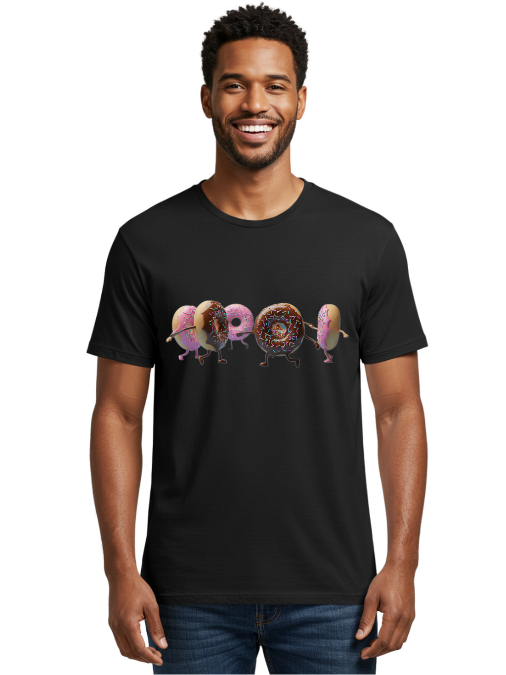 Donuts Men'S Graphic Tee, 100% Cotton, Comfortable Casual Summer Wear, Machine Washable, Donuts With Arms And Legs Running, Chocolate Frosted Donuts, Pink Frosted Donuts, Colorful Sprinkles, Fun Illustration, Sweet Treats, Dessert Graphics Baa531