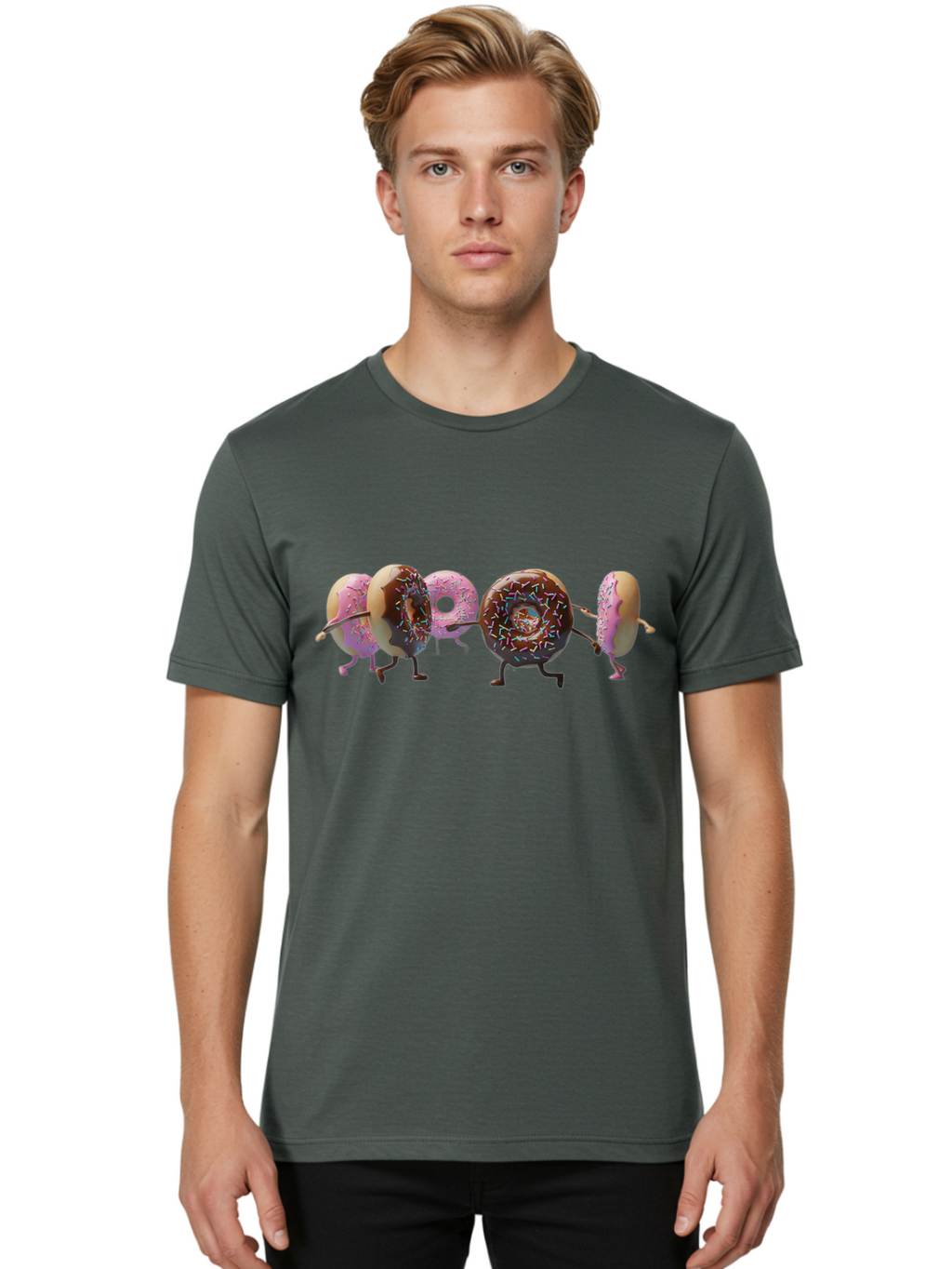 Donuts Men'S Graphic Tee, 100% Cotton, Comfortable Casual Summer Wear, Machine Washable, Donuts With Arms And Legs Running, Chocolate Frosted Donuts, Pink Frosted Donuts, Colorful Sprinkles, Fun Illustration, Sweet Treats, Dessert Graphics Baa531