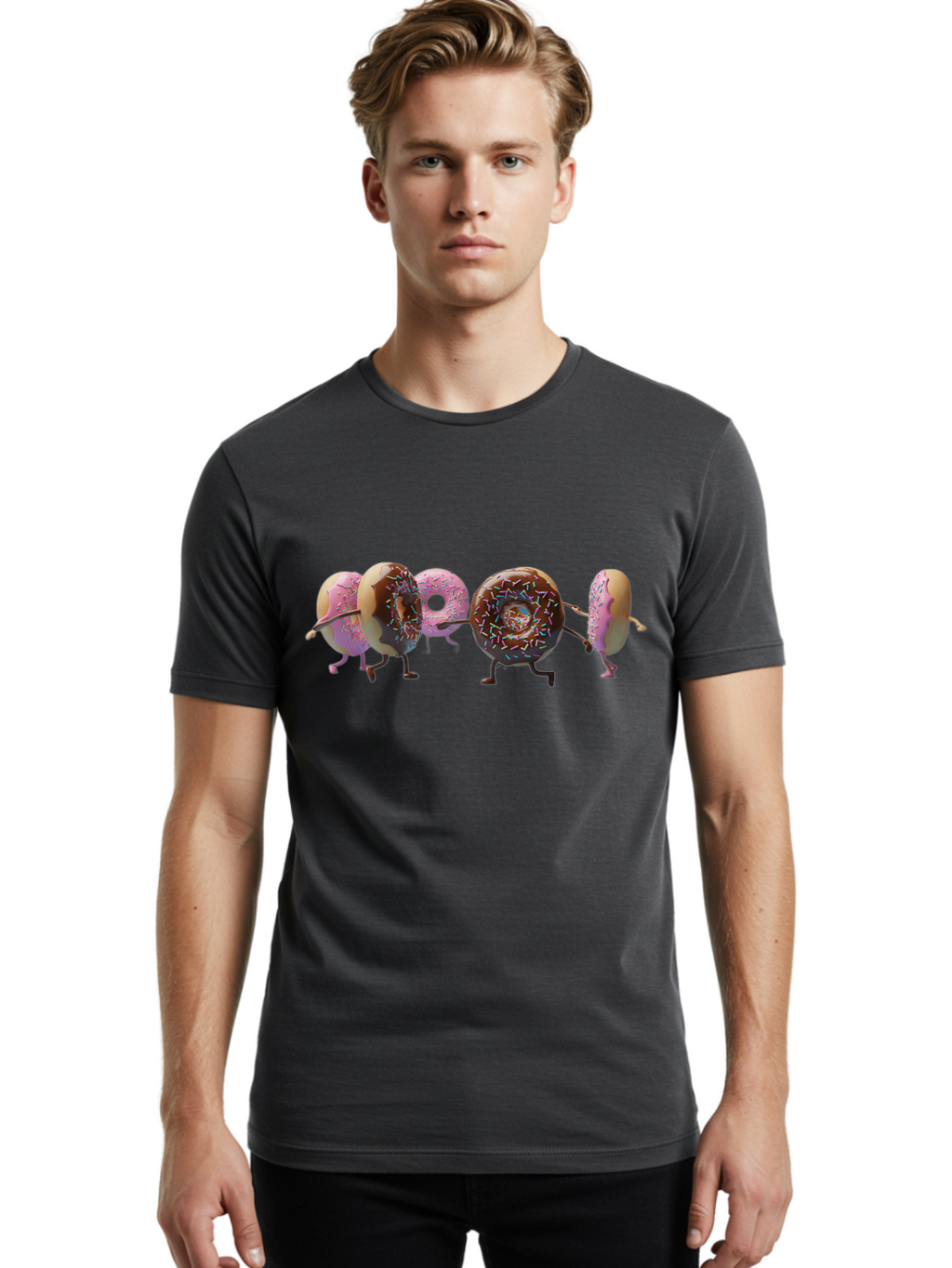 Donuts Men'S Graphic Tee, 100% Cotton, Comfortable Casual Summer Wear, Machine Washable, Donuts With Arms And Legs Running, Chocolate Frosted Donuts, Pink Frosted Donuts, Colorful Sprinkles, Fun Illustration, Sweet Treats, Dessert Graphics Baa531