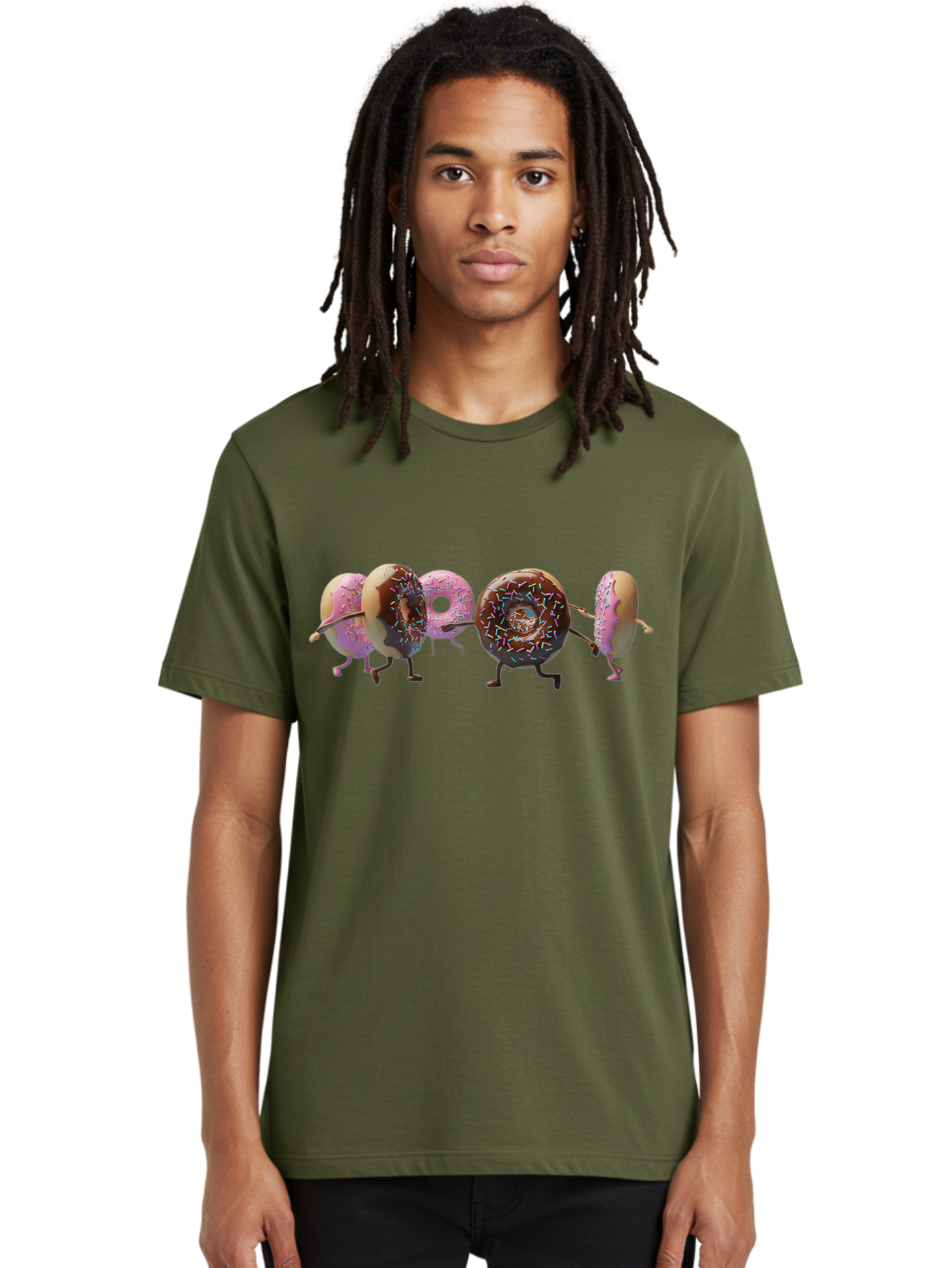 Donuts Men'S Graphic Tee, 100% Cotton, Comfortable Casual Summer Wear, Machine Washable, Donuts With Arms And Legs Running, Chocolate Frosted Donuts, Pink Frosted Donuts, Colorful Sprinkles, Fun Illustration, Sweet Treats, Dessert Graphics Baa531