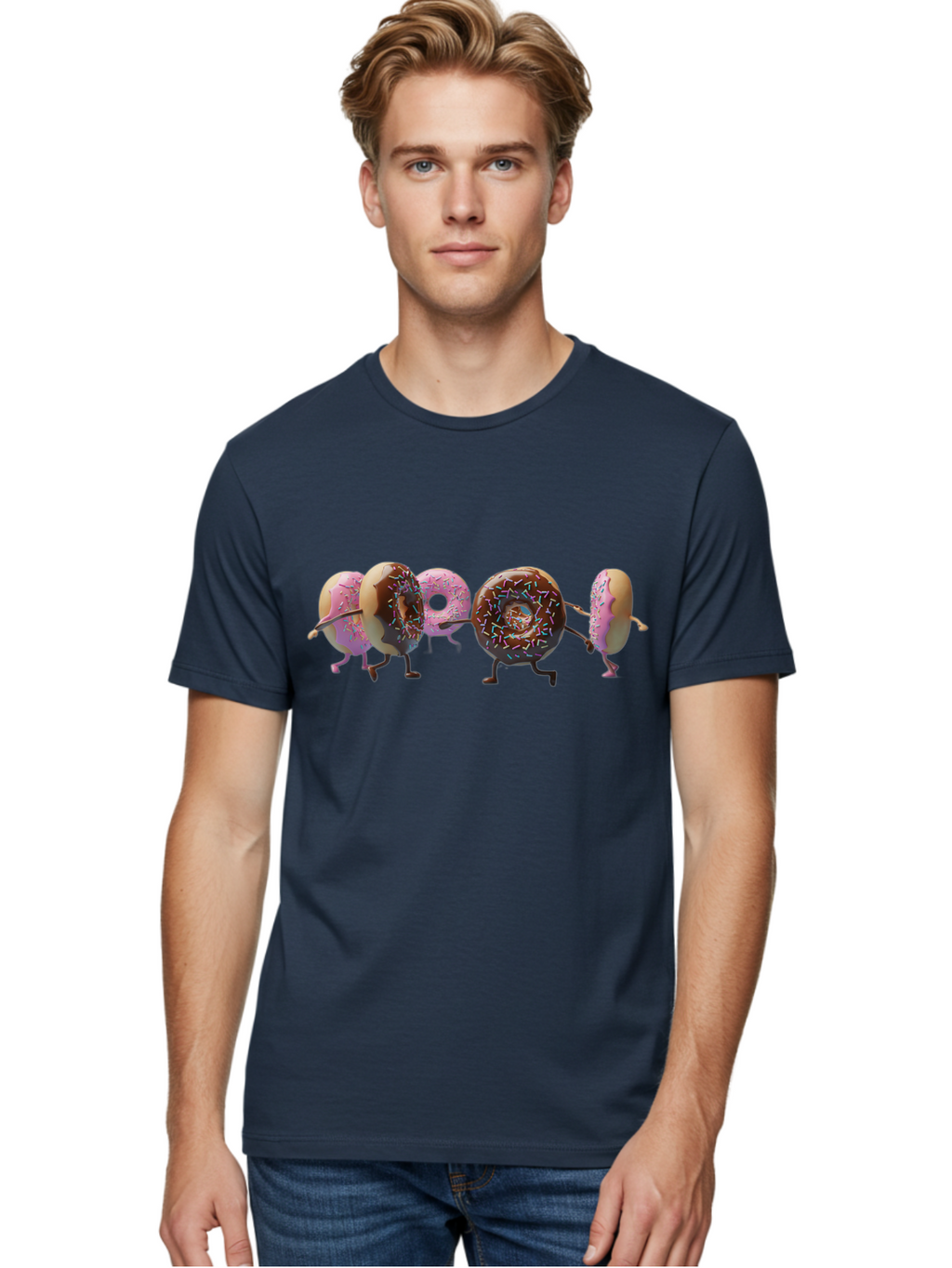 Donuts Men'S Graphic Tee, 100% Cotton, Comfortable Casual Summer Wear, Machine Washable, Donuts With Arms And Legs Running, Chocolate Frosted Donuts, Pink Frosted Donuts, Colorful Sprinkles, Fun Illustration, Sweet Treats, Dessert Graphics Baa531