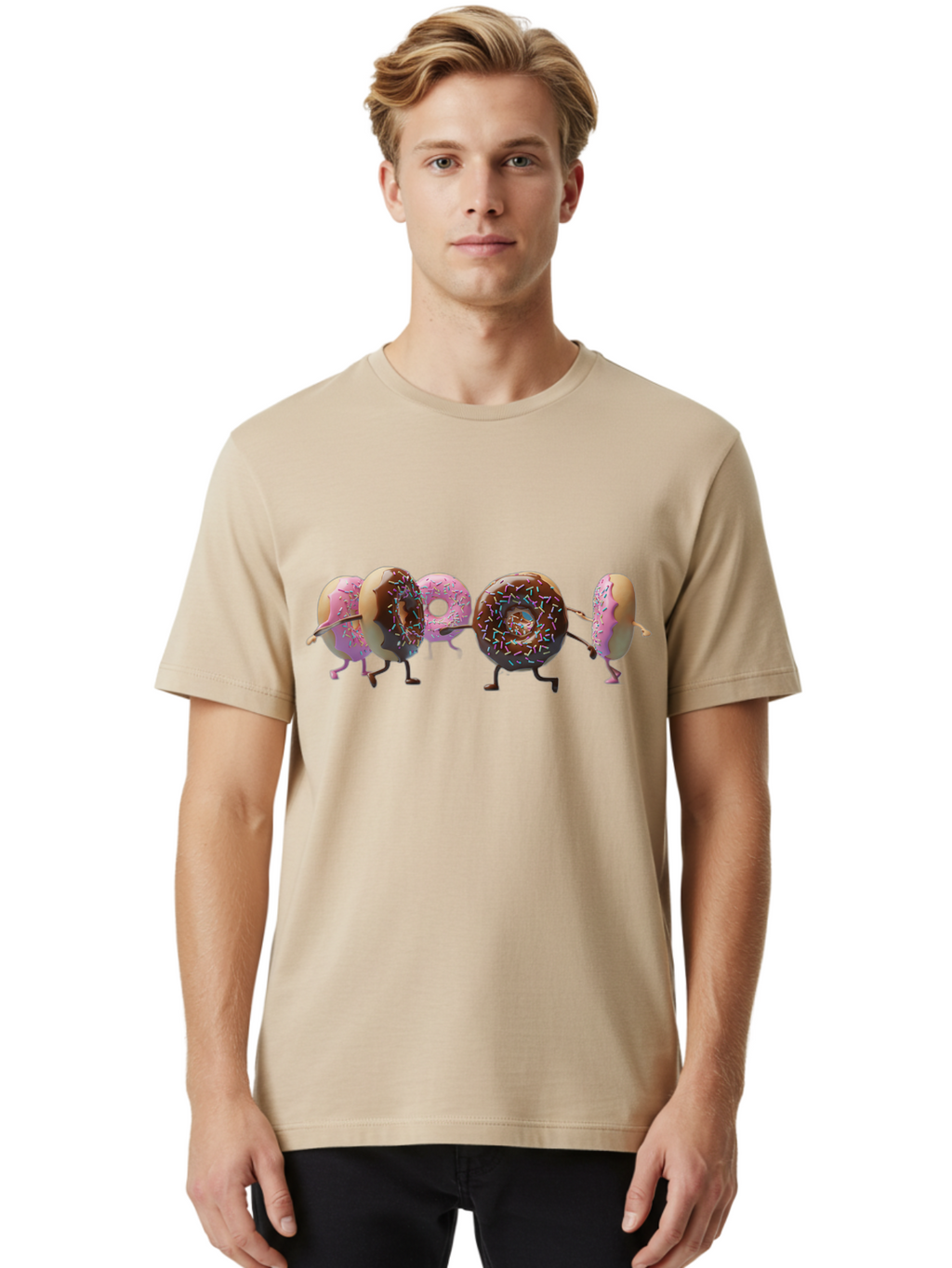Donuts Men'S Graphic Tee, 100% Cotton, Comfortable Casual Summer Wear, Machine Washable, Donuts With Arms And Legs Running, Chocolate Frosted Donuts, Pink Frosted Donuts, Colorful Sprinkles, Fun Illustration, Sweet Treats, Dessert Graphics Baa531
