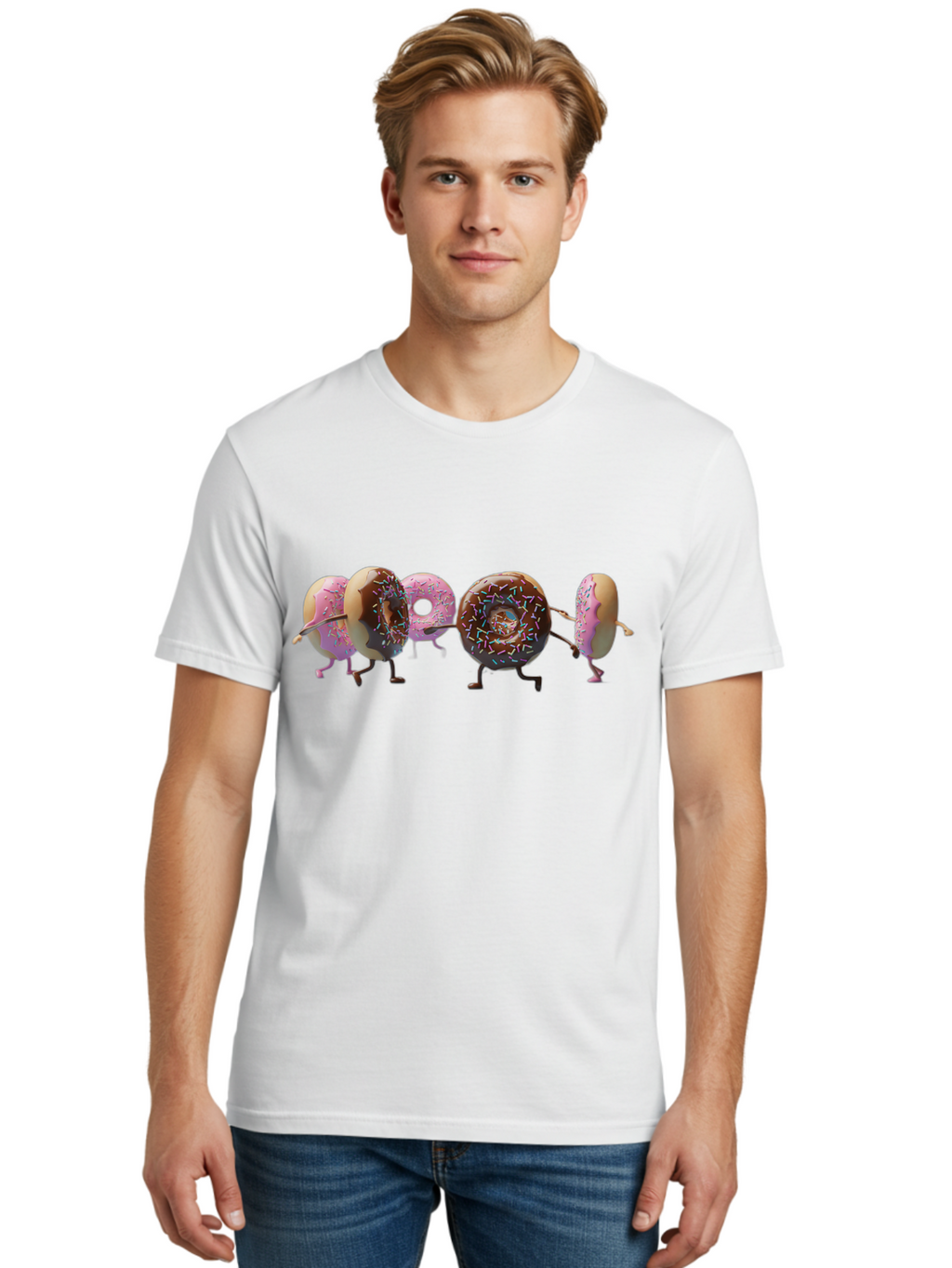 Donuts Men'S Graphic Tee, 100% Cotton, Comfortable Casual Summer Wear, Machine Washable, Donuts With Arms And Legs Running, Chocolate Frosted Donuts, Pink Frosted Donuts, Colorful Sprinkles, Fun Illustration, Sweet Treats, Dessert Graphics Baa531