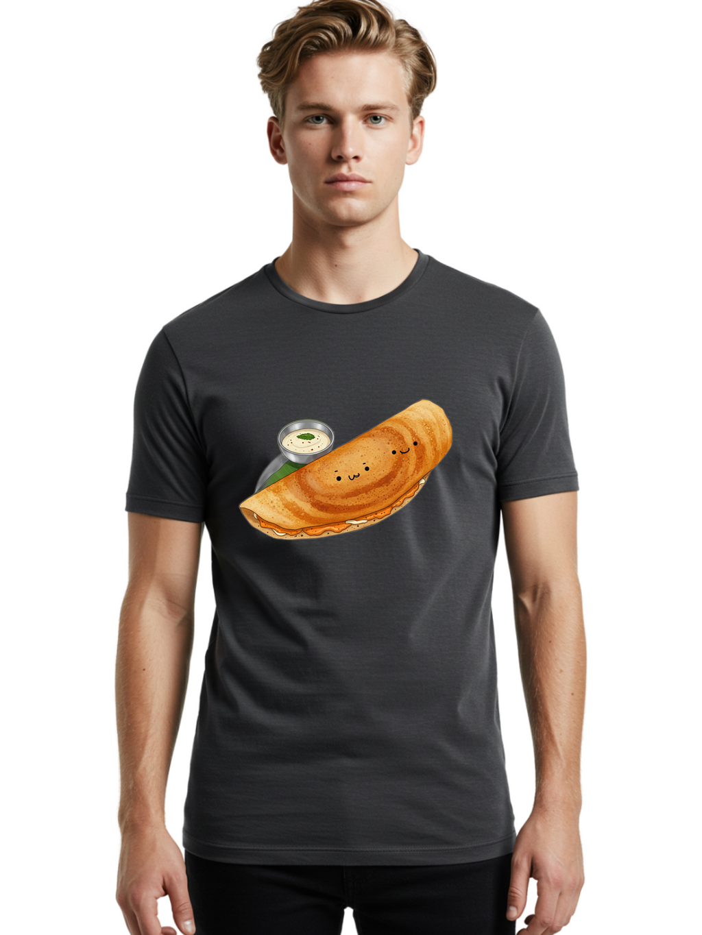Dosa-2 Men'S Graphic Tee, 100% Cotton, Comfortable Casual Summer Wear, Machine Washable, Indian Cuisine, South Indian Food, Masala Dosa, Dosa Recipe, Crepe Style Pancake, Potato Filling, Chutney, Spicy, Savory, Cartoon Illustration, Kawaii, Baa533