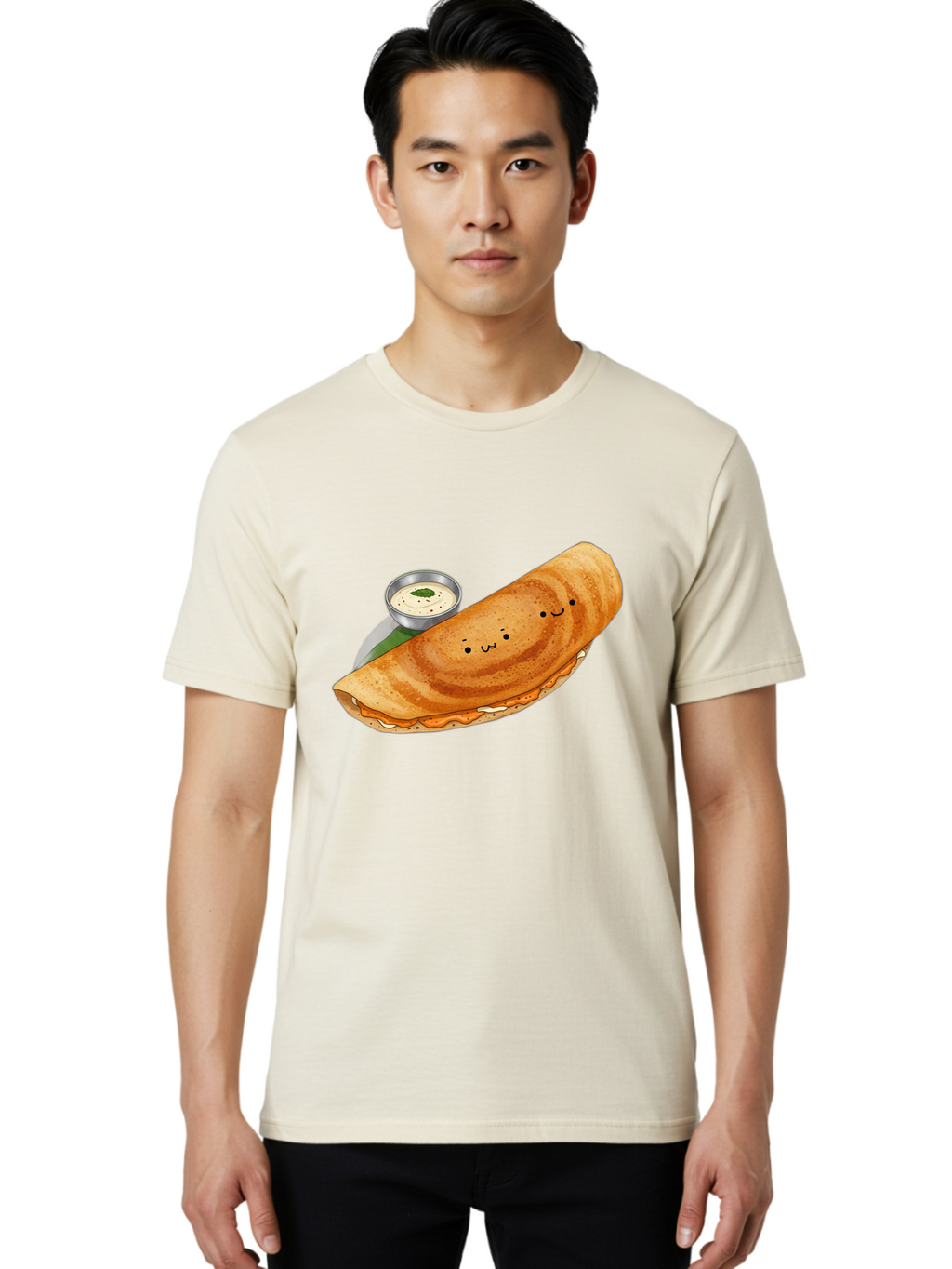 Dosa-2 Men'S Graphic Tee, 100% Cotton, Comfortable Casual Summer Wear, Machine Washable, Indian Cuisine, South Indian Food, Masala Dosa, Dosa Recipe, Crepe Style Pancake, Potato Filling, Chutney, Spicy, Savory, Cartoon Illustration, Kawaii, Baa533