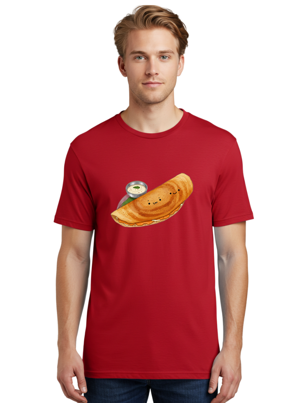 Dosa-2 Men'S Graphic Tee, 100% Cotton, Comfortable Casual Summer Wear, Machine Washable, Indian Cuisine, South Indian Food, Masala Dosa, Dosa Recipe, Crepe Style Pancake, Potato Filling, Chutney, Spicy, Savory, Cartoon Illustration, Kawaii, Baa533