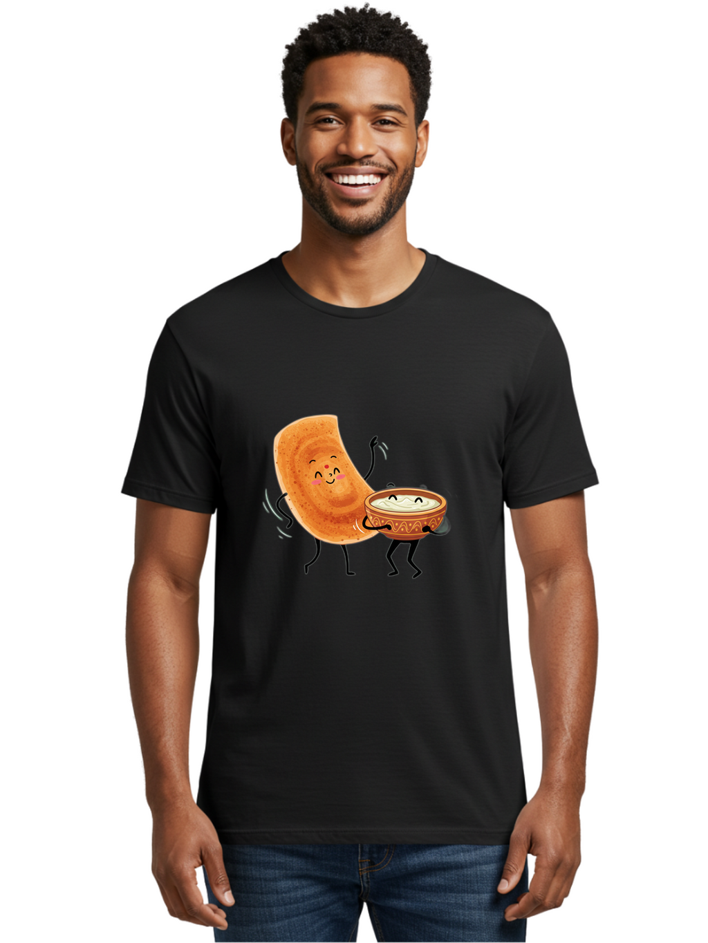 Dosa-And-Chutney Men'S Graphic Tee, 100% Cotton, Comfortable Casual Summer Wear, Machine Washable, Cartoon Papadum, Raita In Bowl, Smiling Faces, Happy Food, Indian Cuisine, Traditional Dish, Cartoon Characters, Funny Illustration, Baa534