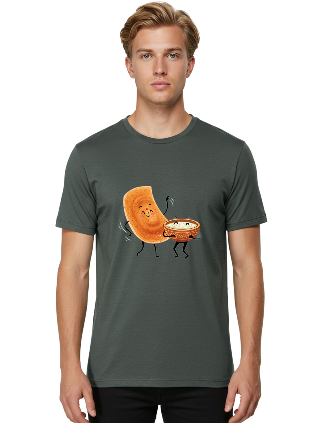 Dosa-And-Chutney Men'S Graphic Tee, 100% Cotton, Comfortable Casual Summer Wear, Machine Washable, Cartoon Papadum, Raita In Bowl, Smiling Faces, Happy Food, Indian Cuisine, Traditional Dish, Cartoon Characters, Funny Illustration, Baa534