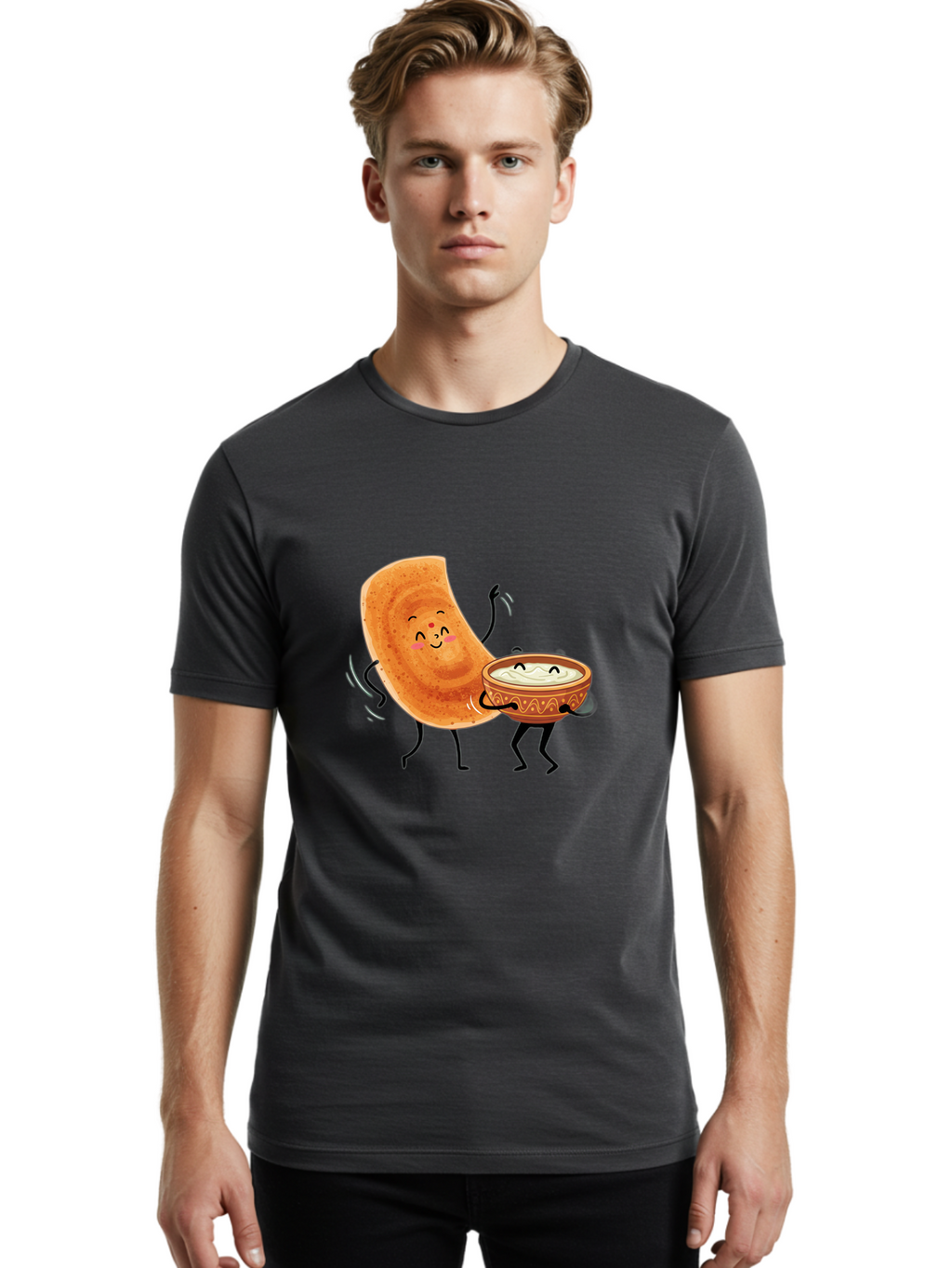 Dosa-And-Chutney Men'S Graphic Tee, 100% Cotton, Comfortable Casual Summer Wear, Machine Washable, Cartoon Papadum, Raita In Bowl, Smiling Faces, Happy Food, Indian Cuisine, Traditional Dish, Cartoon Characters, Funny Illustration, Baa534