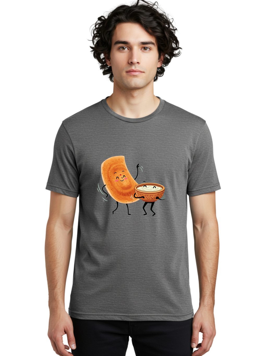Dosa-And-Chutney Men'S Graphic Tee, 100% Cotton, Comfortable Casual Summer Wear, Machine Washable, Cartoon Papadum, Raita In Bowl, Smiling Faces, Happy Food, Indian Cuisine, Traditional Dish, Cartoon Characters, Funny Illustration, Baa534