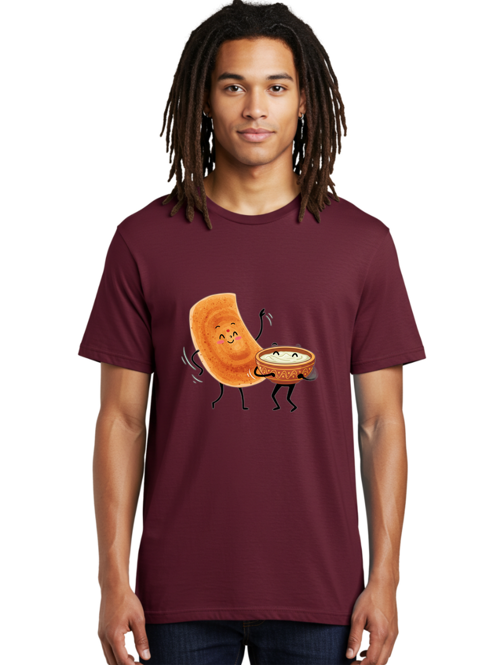 Dosa-And-Chutney Men'S Graphic Tee, 100% Cotton, Comfortable Casual Summer Wear, Machine Washable, Cartoon Papadum, Raita In Bowl, Smiling Faces, Happy Food, Indian Cuisine, Traditional Dish, Cartoon Characters, Funny Illustration, Baa534