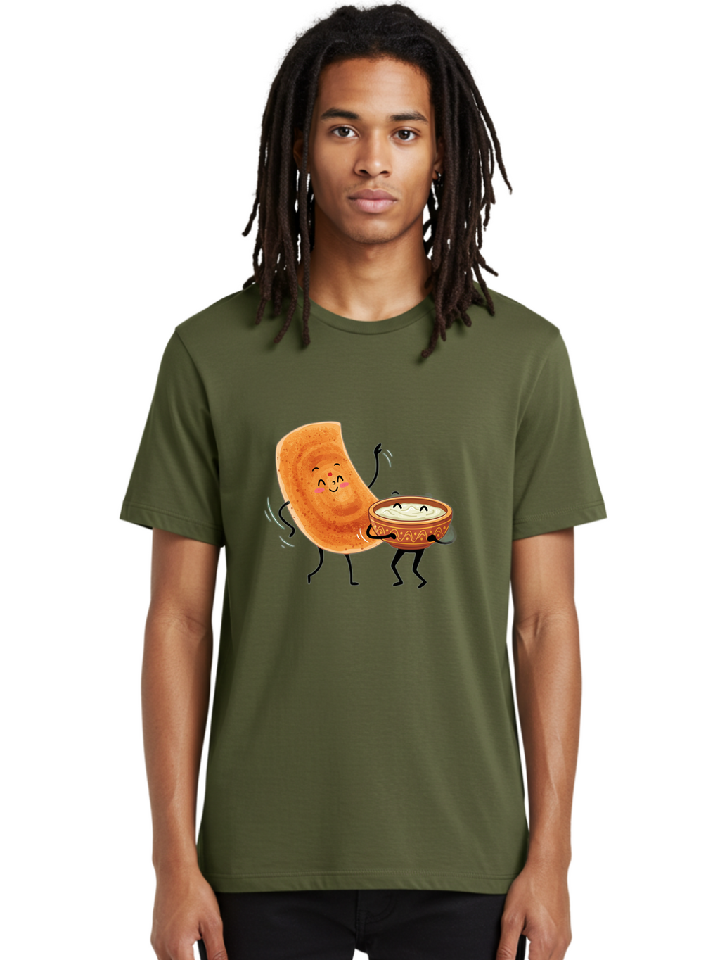 Dosa-And-Chutney Men'S Graphic Tee, 100% Cotton, Comfortable Casual Summer Wear, Machine Washable, Cartoon Papadum, Raita In Bowl, Smiling Faces, Happy Food, Indian Cuisine, Traditional Dish, Cartoon Characters, Funny Illustration, Baa534
