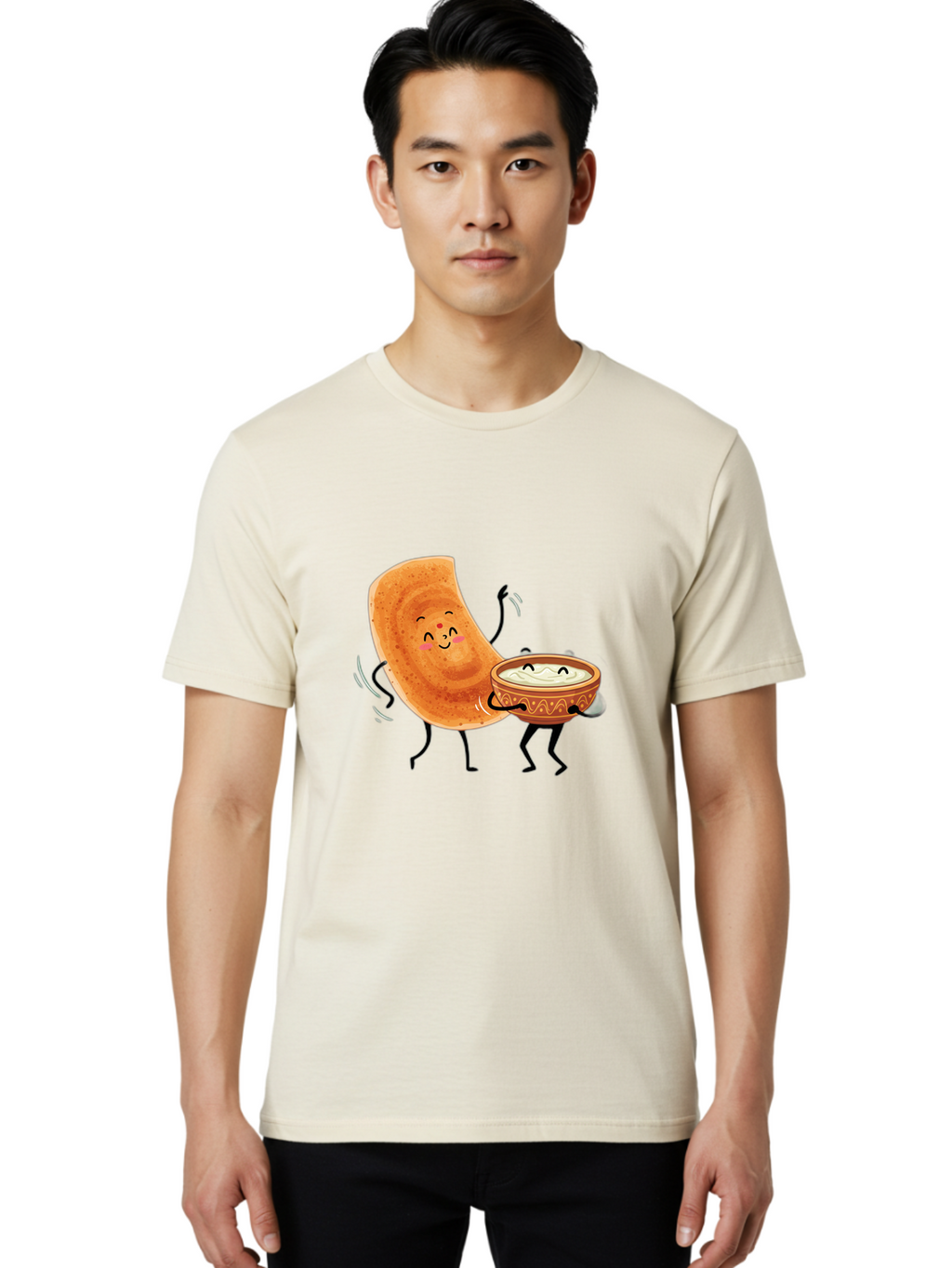 Dosa-And-Chutney Men'S Graphic Tee, 100% Cotton, Comfortable Casual Summer Wear, Machine Washable, Cartoon Papadum, Raita In Bowl, Smiling Faces, Happy Food, Indian Cuisine, Traditional Dish, Cartoon Characters, Funny Illustration, Baa534