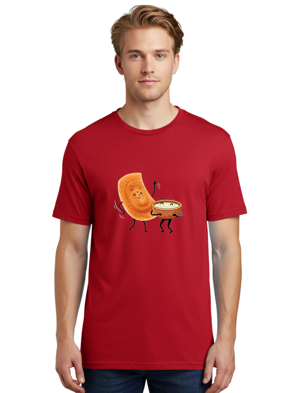 Dosa-And-Chutney Men'S Graphic Tee, 100% Cotton, Comfortable Casual Summer Wear, Machine Washable, Cartoon Papadum, Raita In Bowl, Smiling Faces, Happy Food, Indian Cuisine, Traditional Dish, Cartoon Characters, Funny Illustration, Baa534