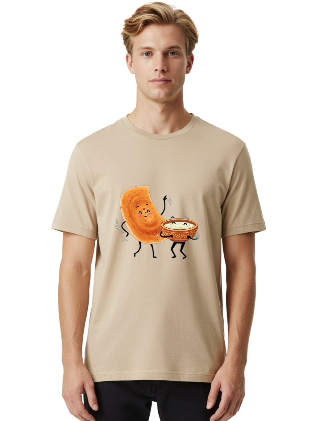 Dosa-And-Chutney Men'S Graphic Tee, 100% Cotton, Comfortable Casual Summer Wear, Machine Washable, Cartoon Papadum, Raita In Bowl, Smiling Faces, Happy Food, Indian Cuisine, Traditional Dish, Cartoon Characters, Funny Illustration, Baa534