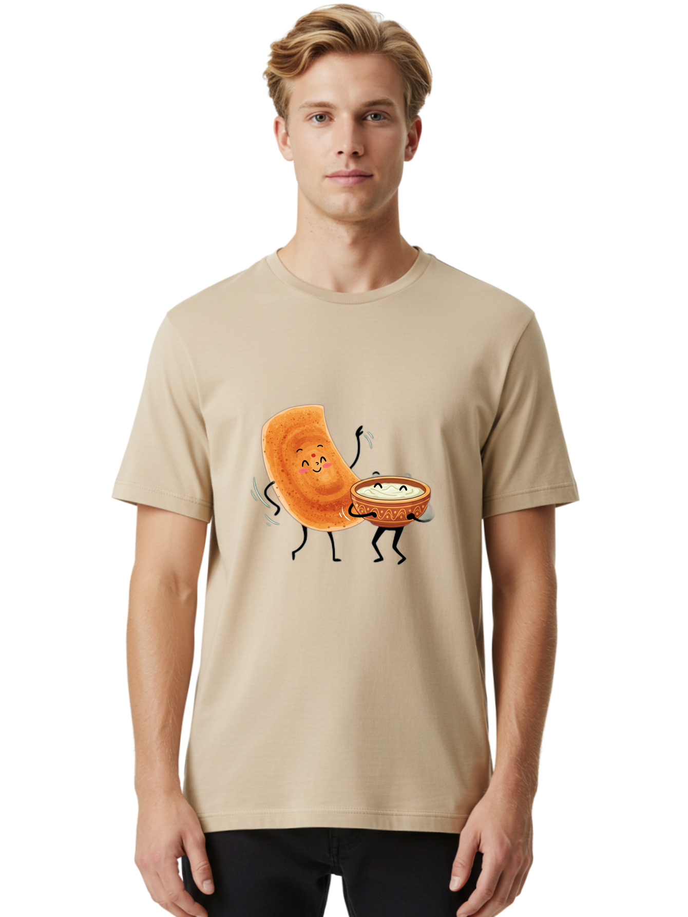 Dosa-And-Chutney Men'S Graphic Tee, 100% Cotton, Comfortable Casual Summer Wear, Machine Washable, Cartoon Papadum, Raita In Bowl, Smiling Faces, Happy Food, Indian Cuisine, Traditional Dish, Cartoon Characters, Funny Illustration, Baa534