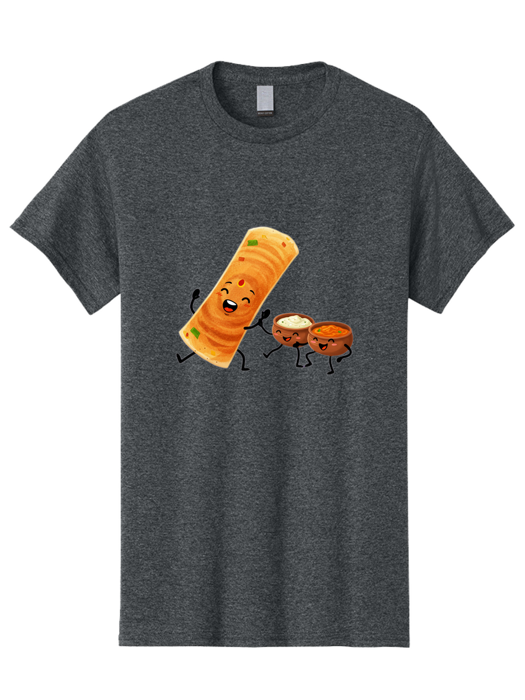 Dosa-And-Dipping-Sauces Men'S Graphic Tee, 100% Cotton, Comfortable Casual Summer Wear, Machine Washable, Indian Food, Wrap And Dips, Curry And Raita, Cartoon Characters, Playful Illustration, Vibrant Colors, Happy Faces, Foodie Fun Baa535