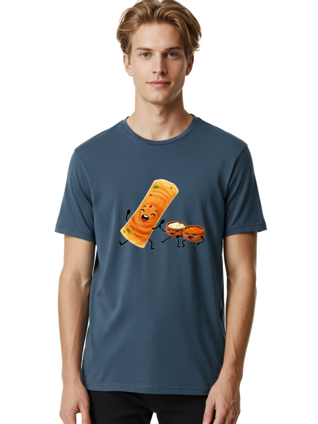 Dosa-And-Dipping-Sauces Men'S Graphic Tee, 100% Cotton, Comfortable Casual Summer Wear, Machine Washable, Indian Food, Wrap And Dips, Curry And Raita, Cartoon Characters, Playful Illustration, Vibrant Colors, Happy Faces, Foodie Fun Baa535