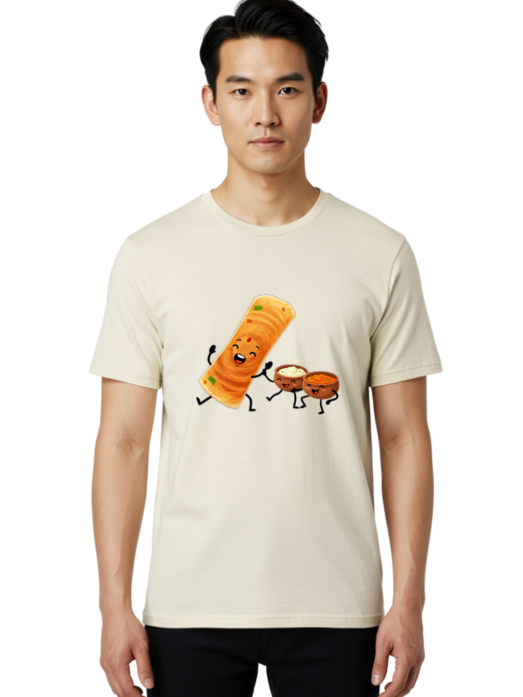 Dosa-And-Dipping-Sauces Men'S Graphic Tee, 100% Cotton, Comfortable Casual Summer Wear, Machine Washable, Indian Food, Wrap And Dips, Curry And Raita, Cartoon Characters, Playful Illustration, Vibrant Colors, Happy Faces, Foodie Fun Baa535
